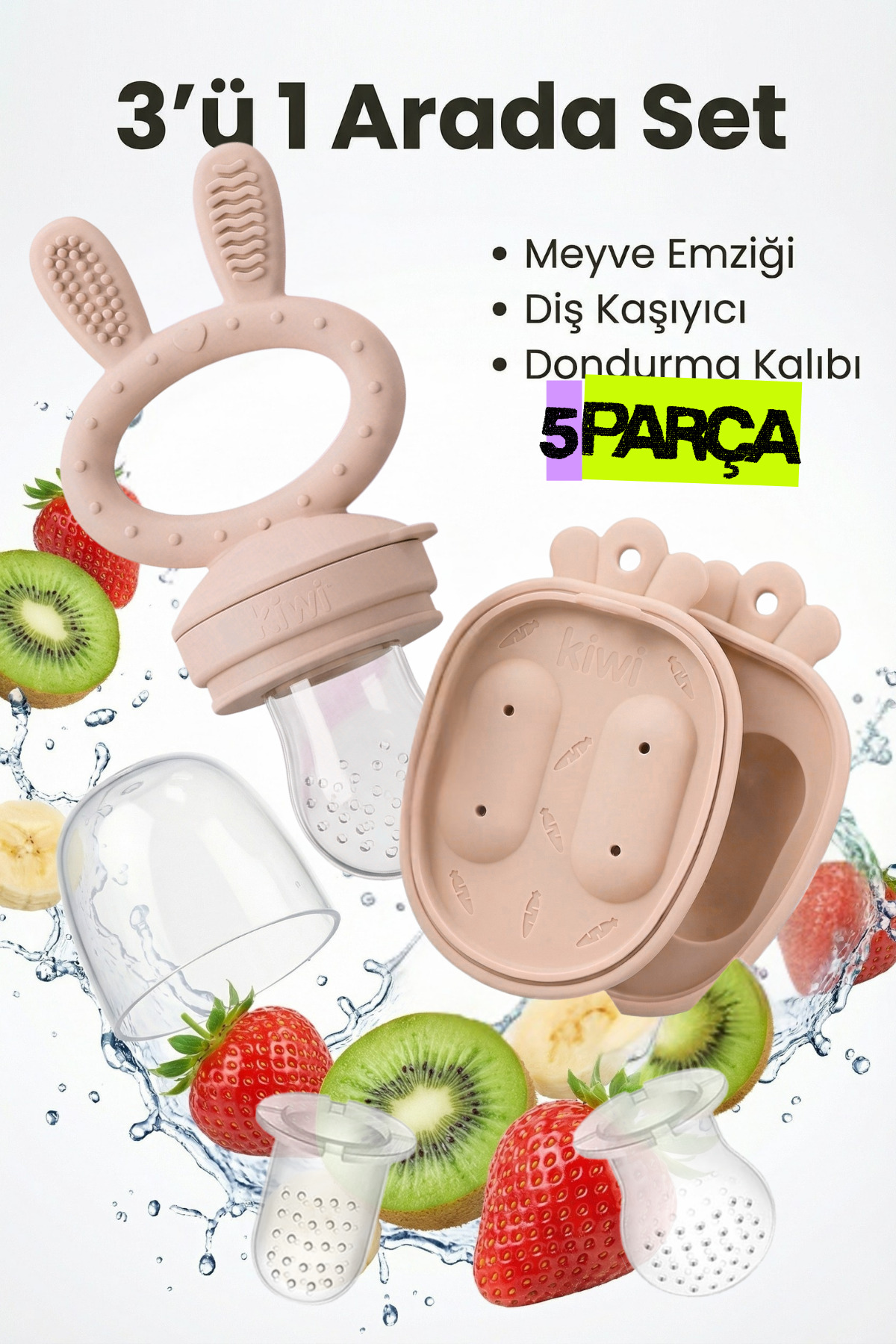 Kiwi Passy Püre Emzik ve Diş Kaşıyıcı Bebek Meyve Süzgeci+Buz Kalıbı - Rose Pink fotoğrafı 5 (önizleme)