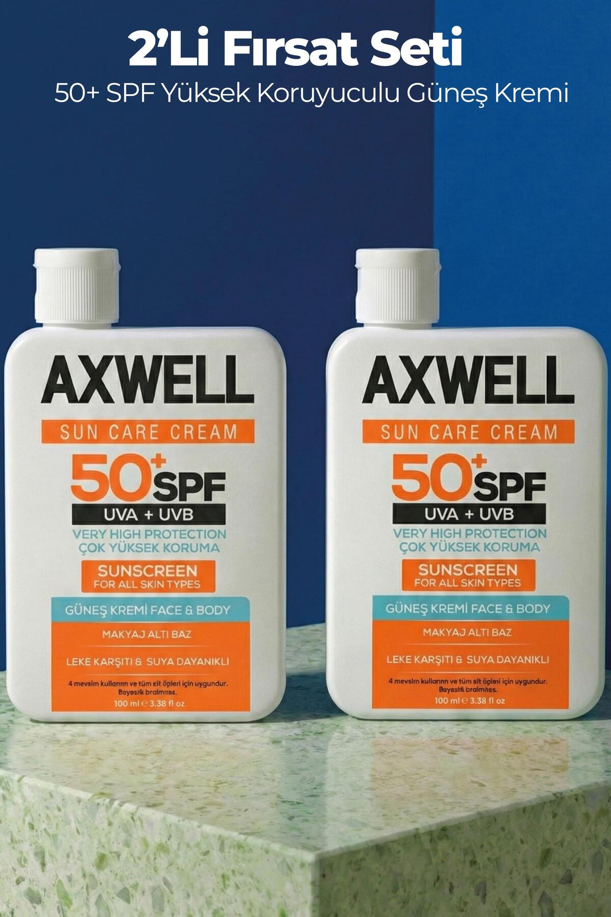 AXWELL Spf 50+ 2li Fırsat Seti Leke Karşıtı Nemlendirici Yüksek Koruma Güneş Kremi 100ml