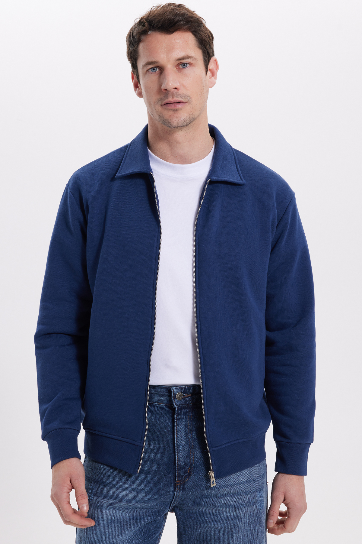 Tudors Unisex Relax Fit Rahat Kesim Pamuklu İç Polarlı Fermuarlı Lacivert Polo Yaka Flato Cepli Sweatshirt görsel 7