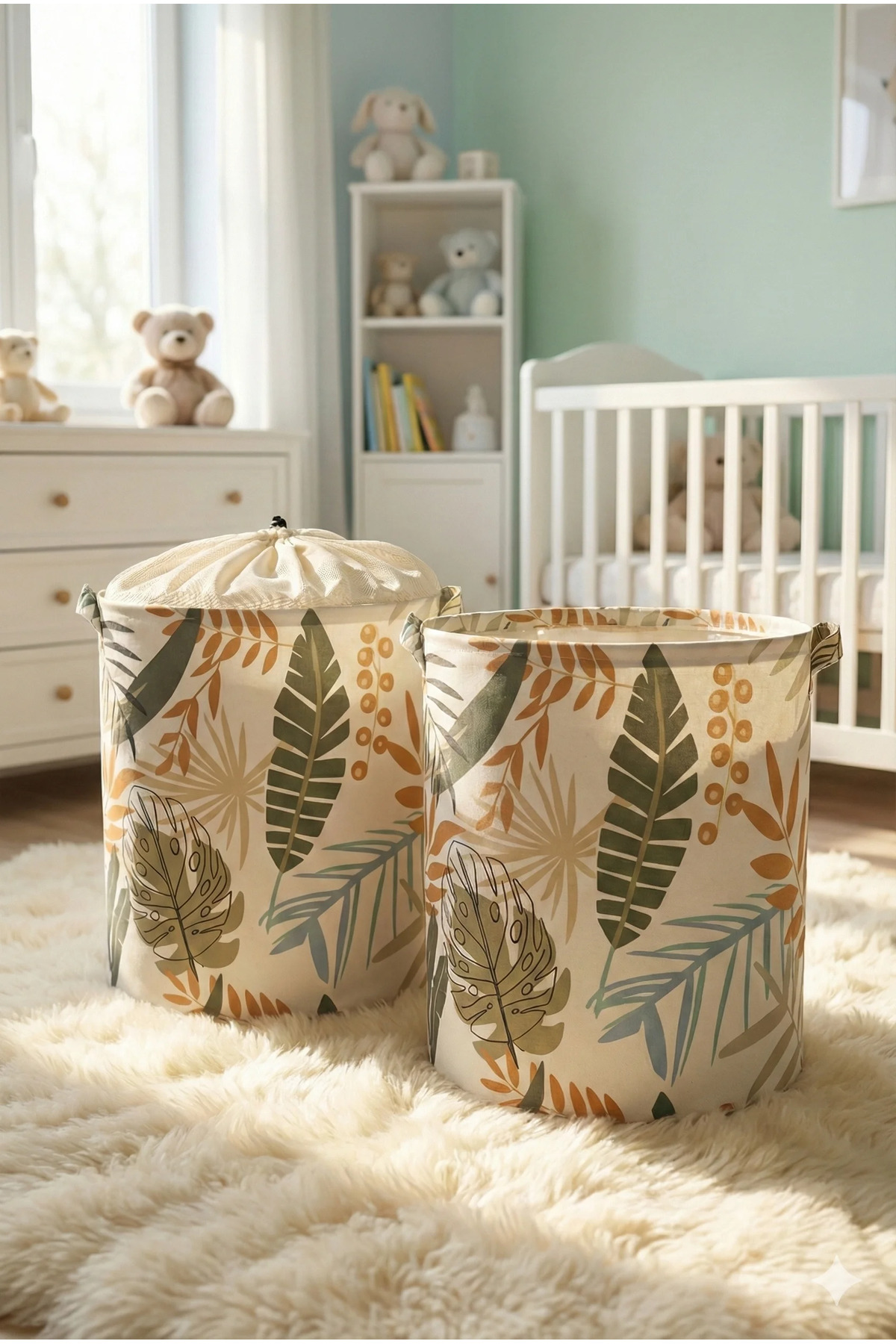 PRENDİ HOME 2'li Yaprak Desenli Fileli Ve Filesiz Çok Amaçlı Oyuncak Ve Çamaşır Sepeti 37 X 40