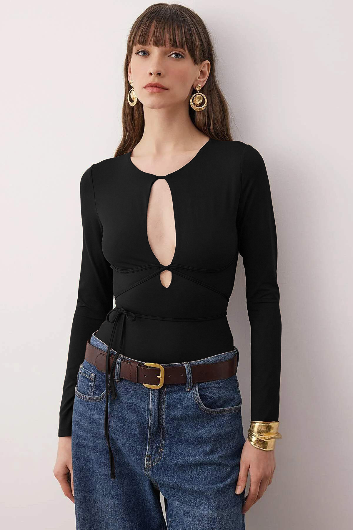 Trendyolmilla Siyah Düz V Yaka Uzun Örme Sandy Body TPRAW26BD00028
