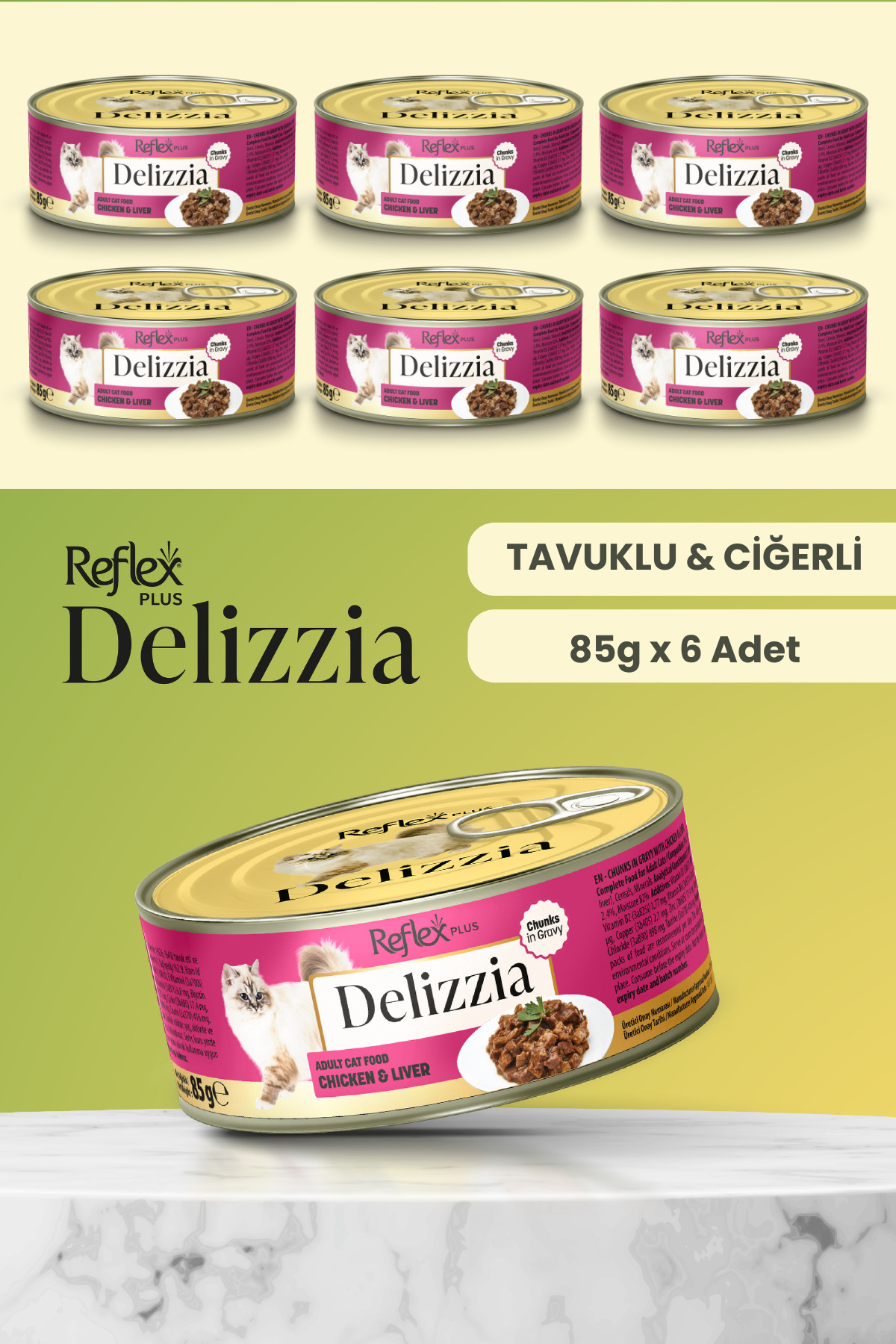 Reflex Plus Delizzia / Sos İçinde Parça Etli Tavuklu & Ciğerli Yetişkin Kedi Maması 85g x 6 Adet