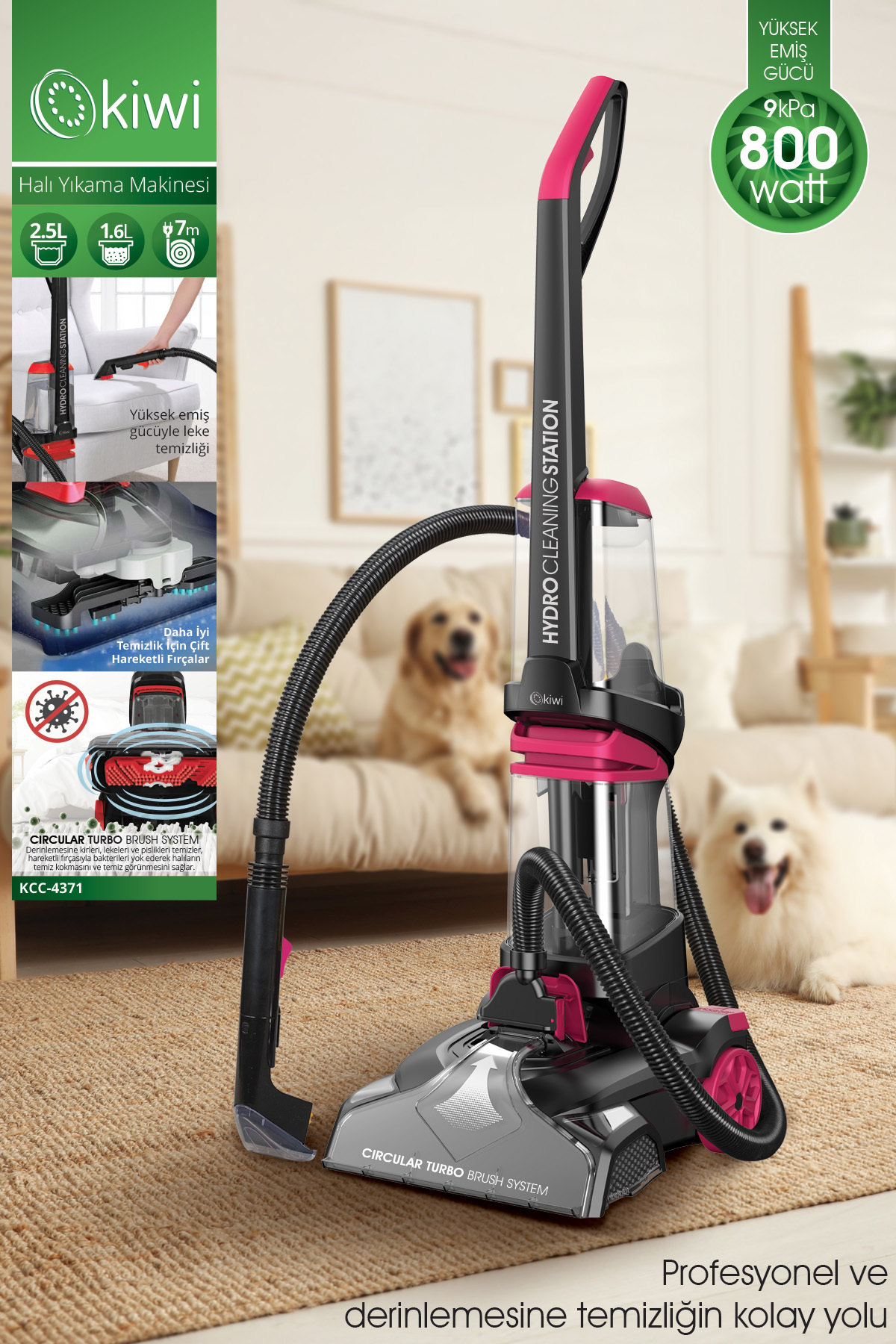KCC-4371PRO Vertical Carpet Washing Stain Removal Machine with Connectable Seat Cleaning Head Pink
