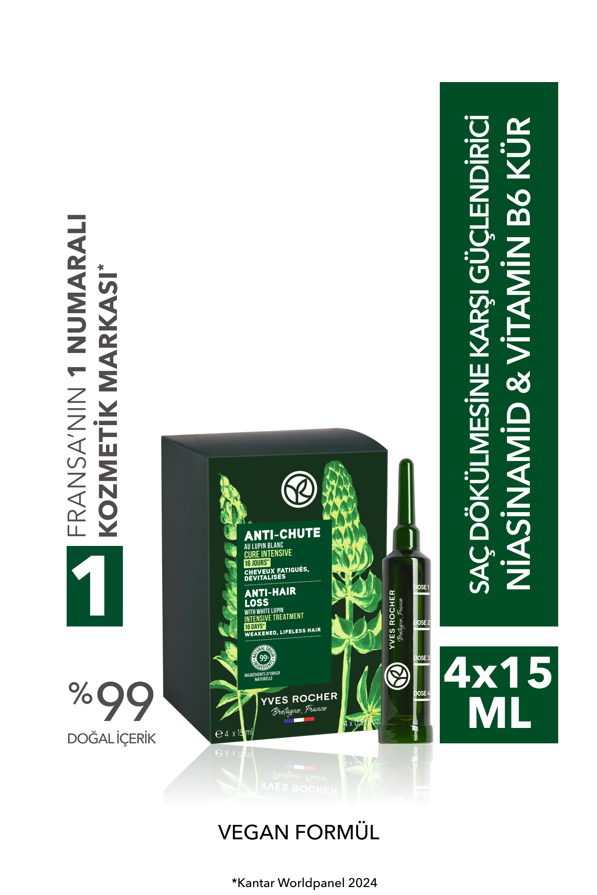 Yves Rocher Güçlendirici Niasinamid Vitamin B6 Kür - Saç Dökülmesine Karşı / Anti-Chute - Vegan -60ml