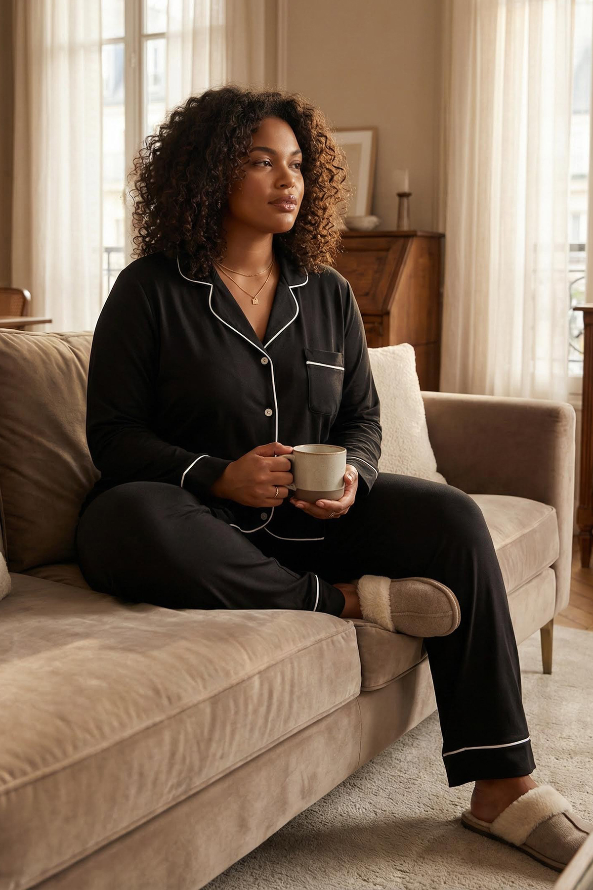 Trendyol Curve Czarny zestaw piżamy z dzianiny z kołnierzem i czarnymi lamówkami