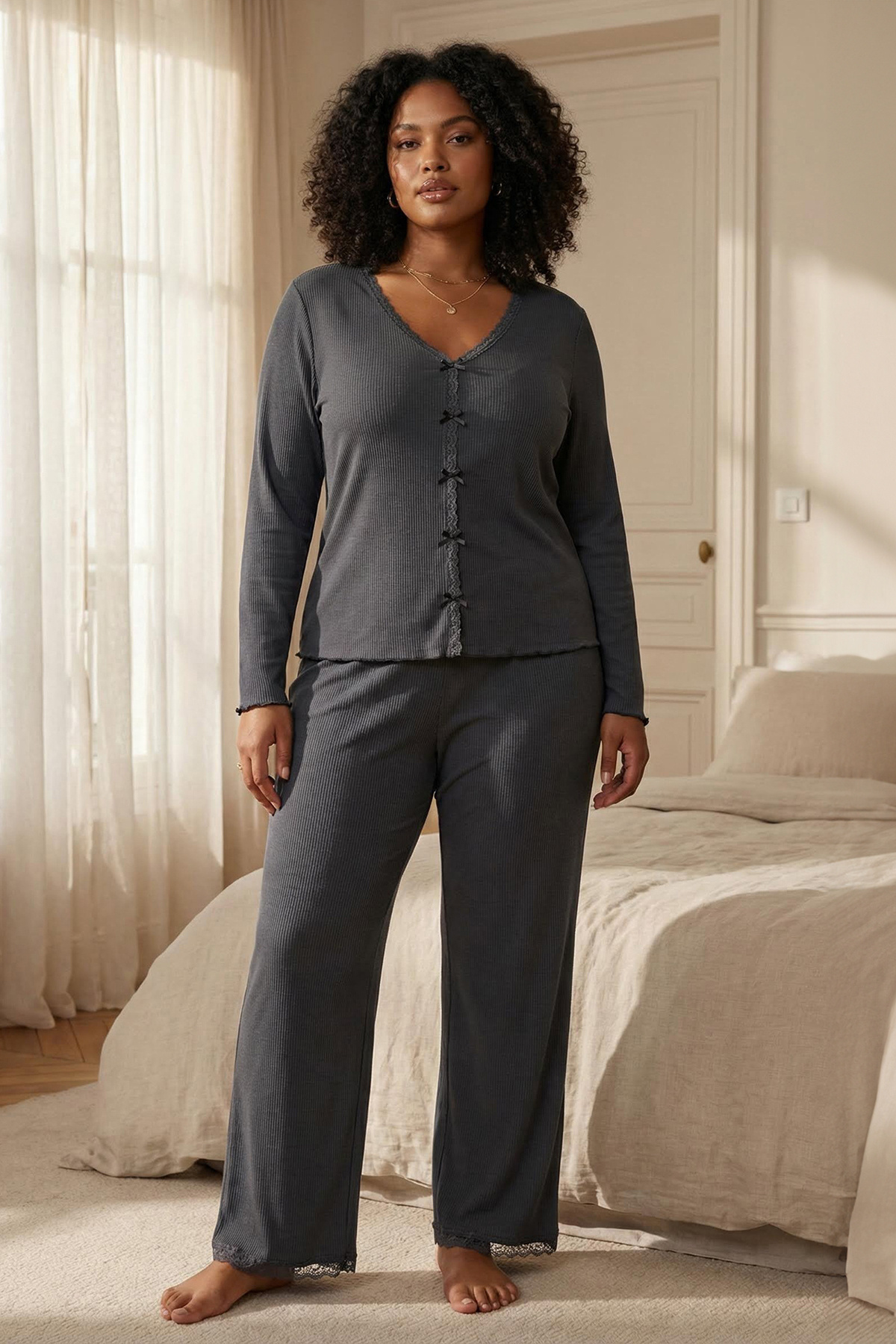 Trendyol Curve Antracytowy bawełniany komplet piżamy z koronką i kokardką/wst...