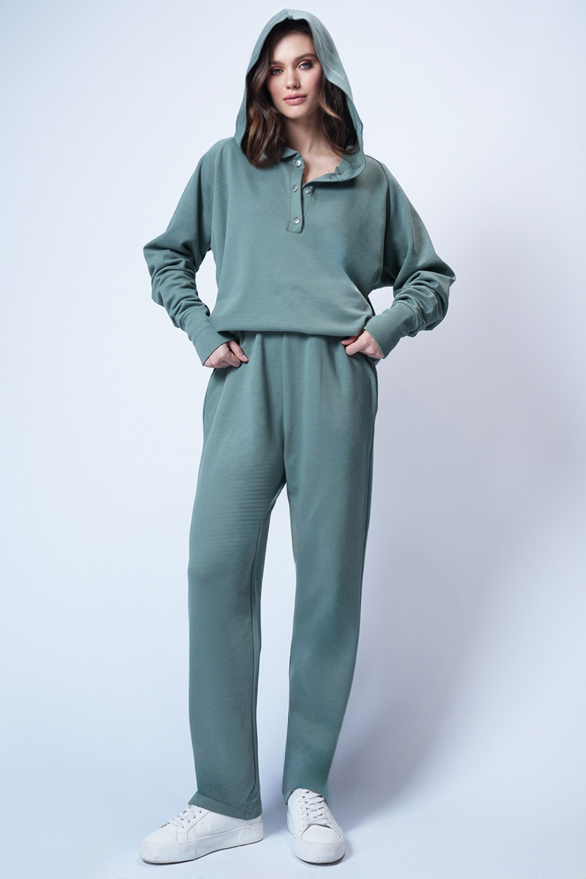 Mint Hooded Snap Fastener Oversize Sweatshirt And Pants Bottom Top Set ALC-X12476