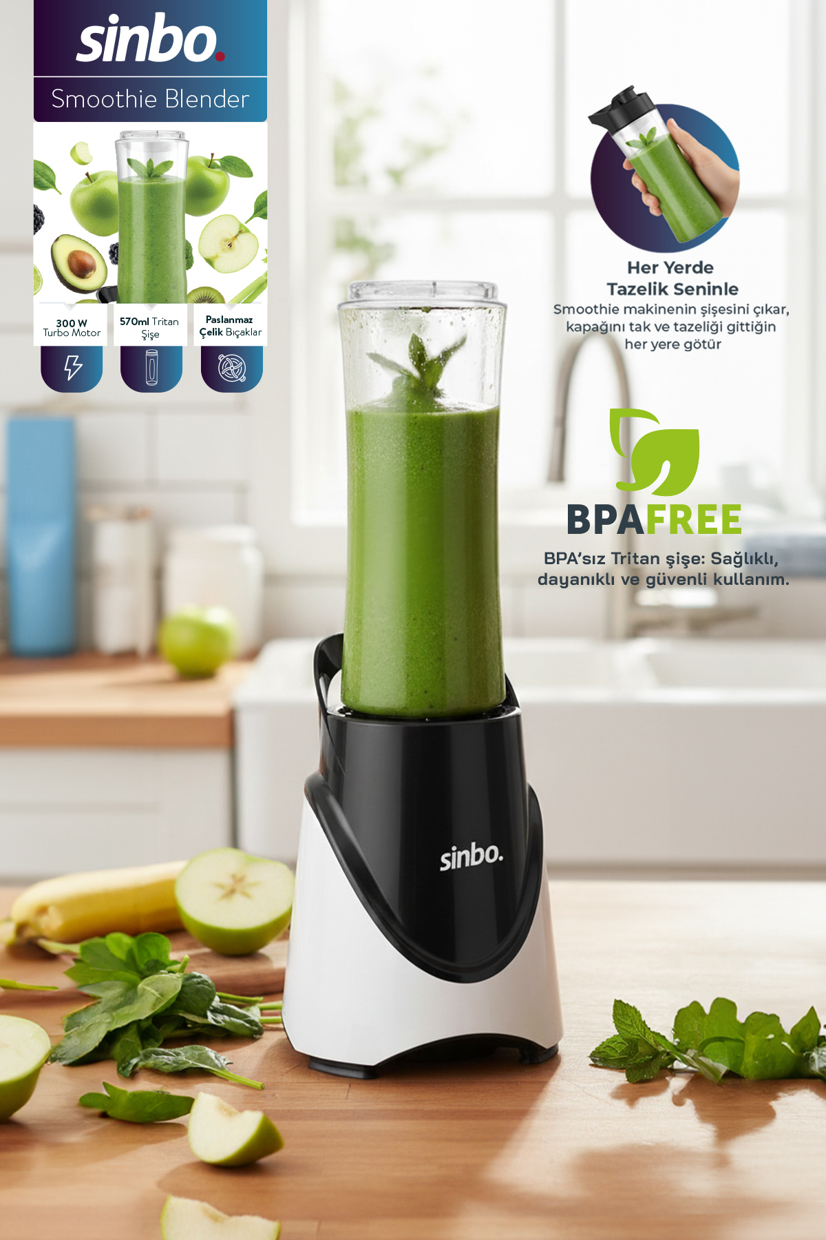 Sinbo 300W 570mL Profesyonel Kişisel Paslanmaz Bıçaklı Smoothie Blender Sporcu Matarası SHB-7508