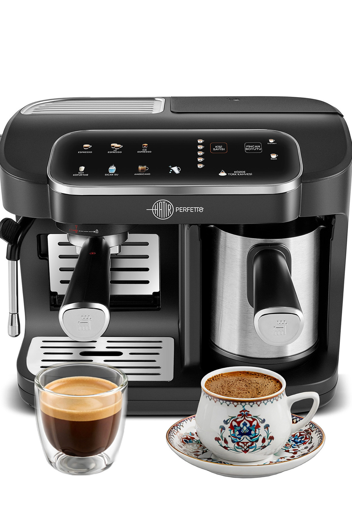 Karaca Hatır Perfetto Dijital ve Dokunmatik Ekranlı Çelik Cezveli Espresso ve Türk Kahve Makinesi