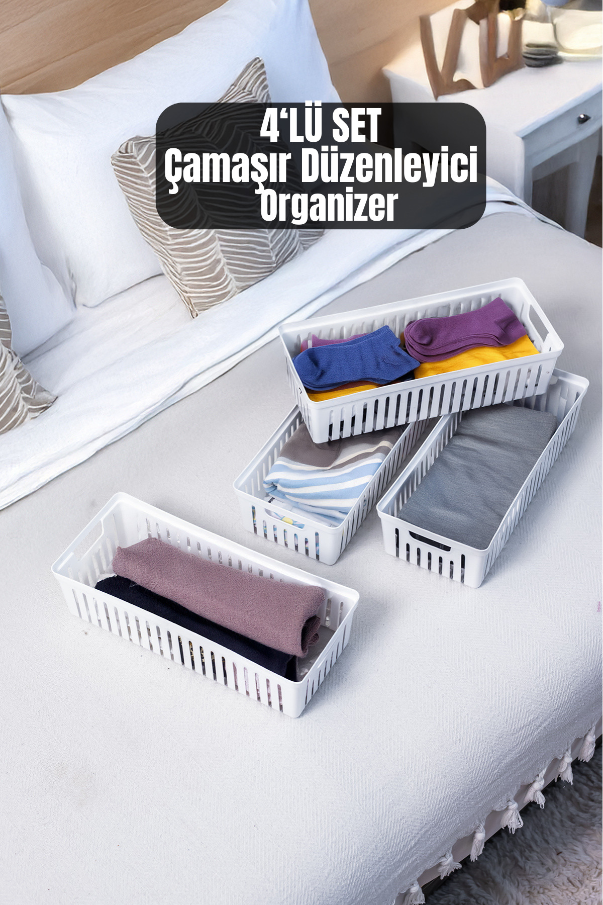 4-Piece White Drawer Multipurpose Organizer Organizer–Underwear,Socks & Accessories Storage Box