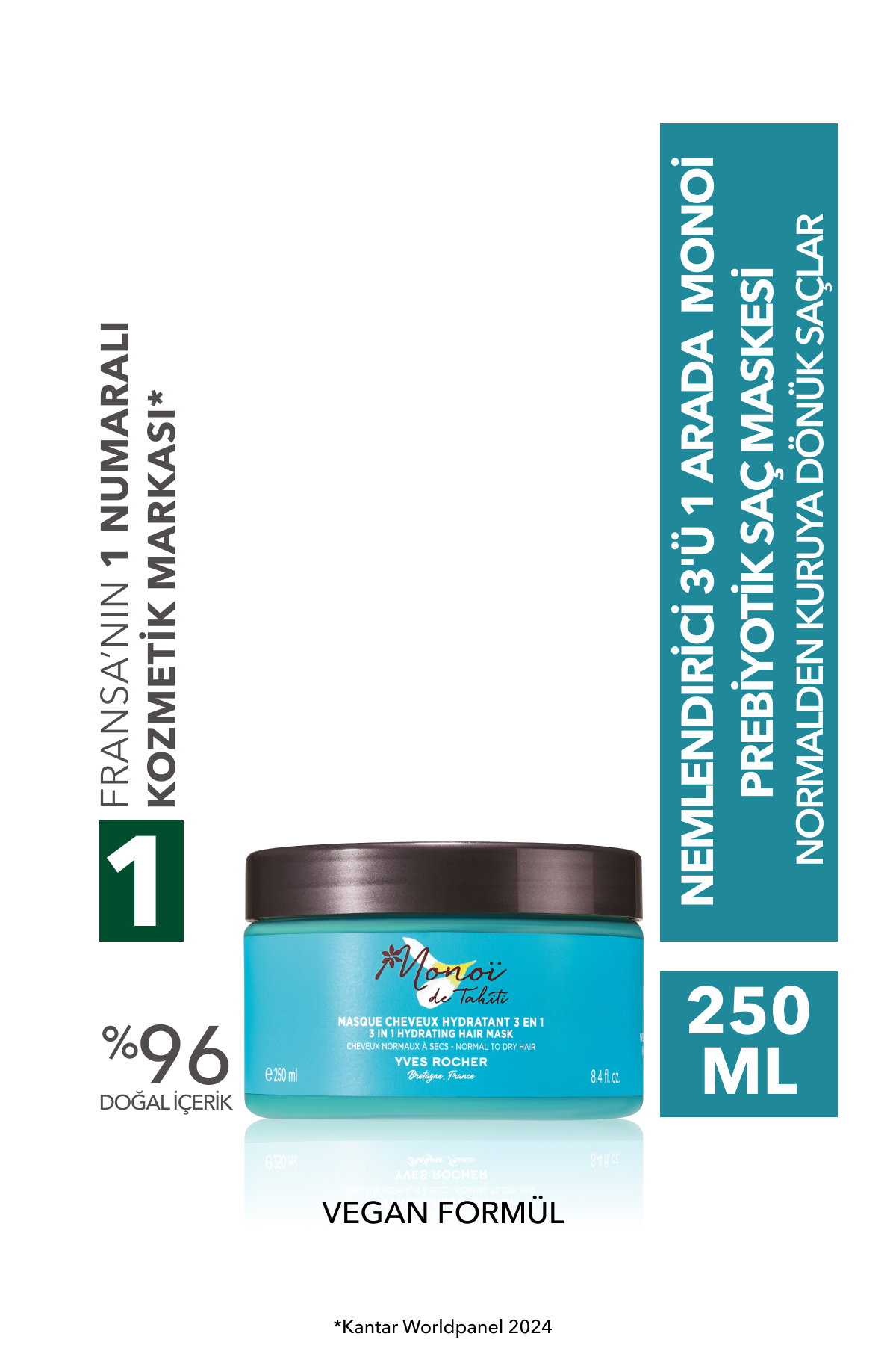 Yves Rocher Nemlendirici 3'ü 1 Arada Prebiyotik Saç Maskesi-Normal ve Kuru Saçlar/Monoi de Tahiti-Vegan-250ml