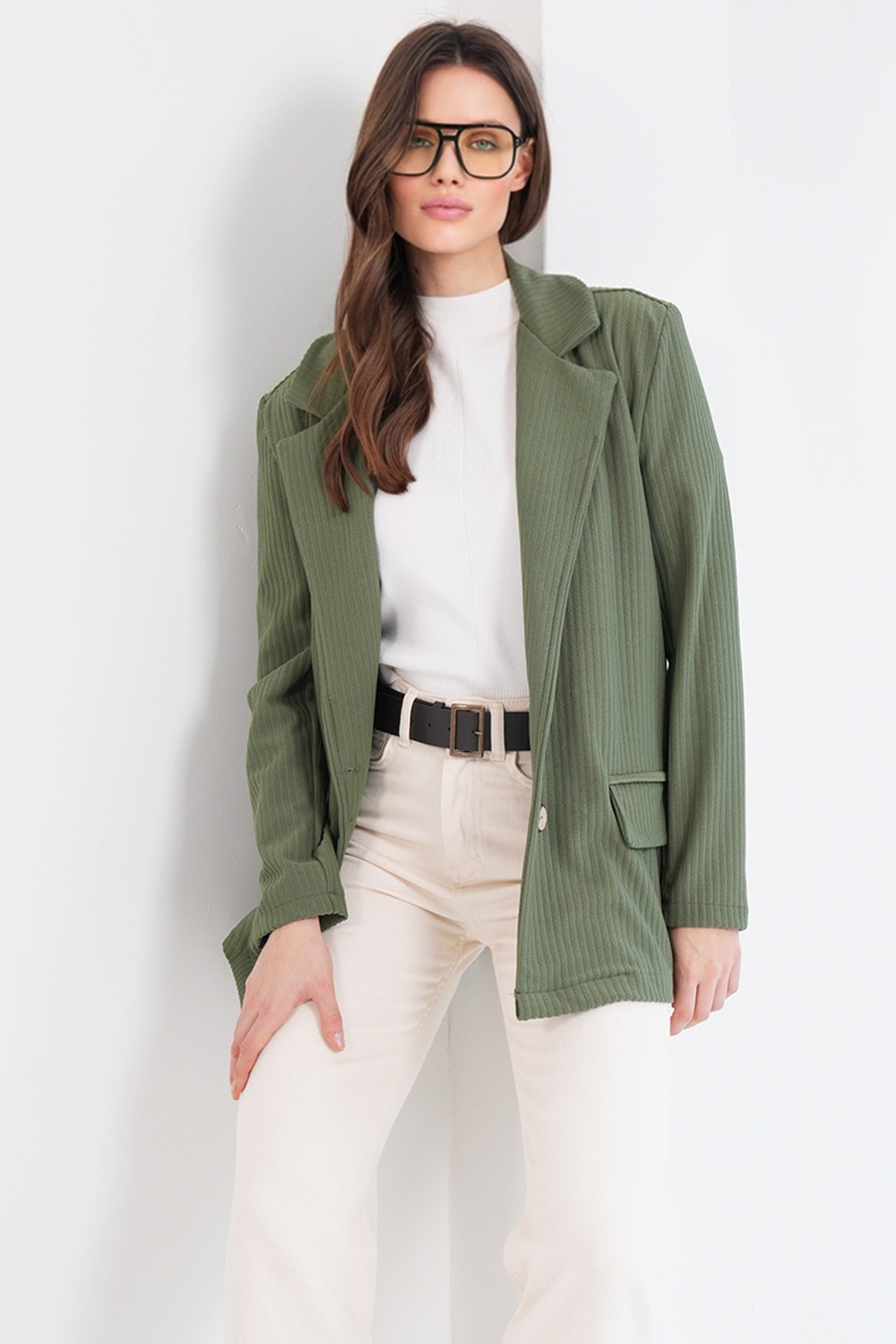 Trend Alaçatı Stili  Yeşil Oversize Blazer Ceket ALC-X14776 - Görsel 2