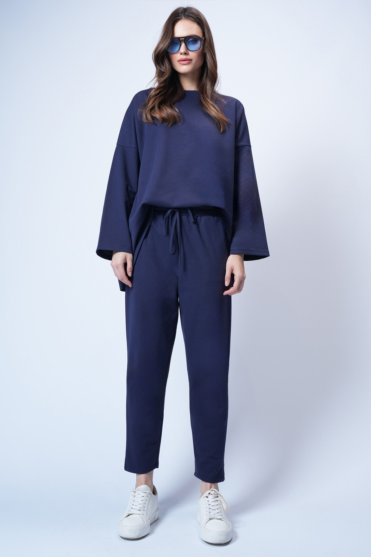 Women's Navy Blue Crew Neck Asymmetrical Cut Oversize Sweatshirt and Pants Set ALC-X13270