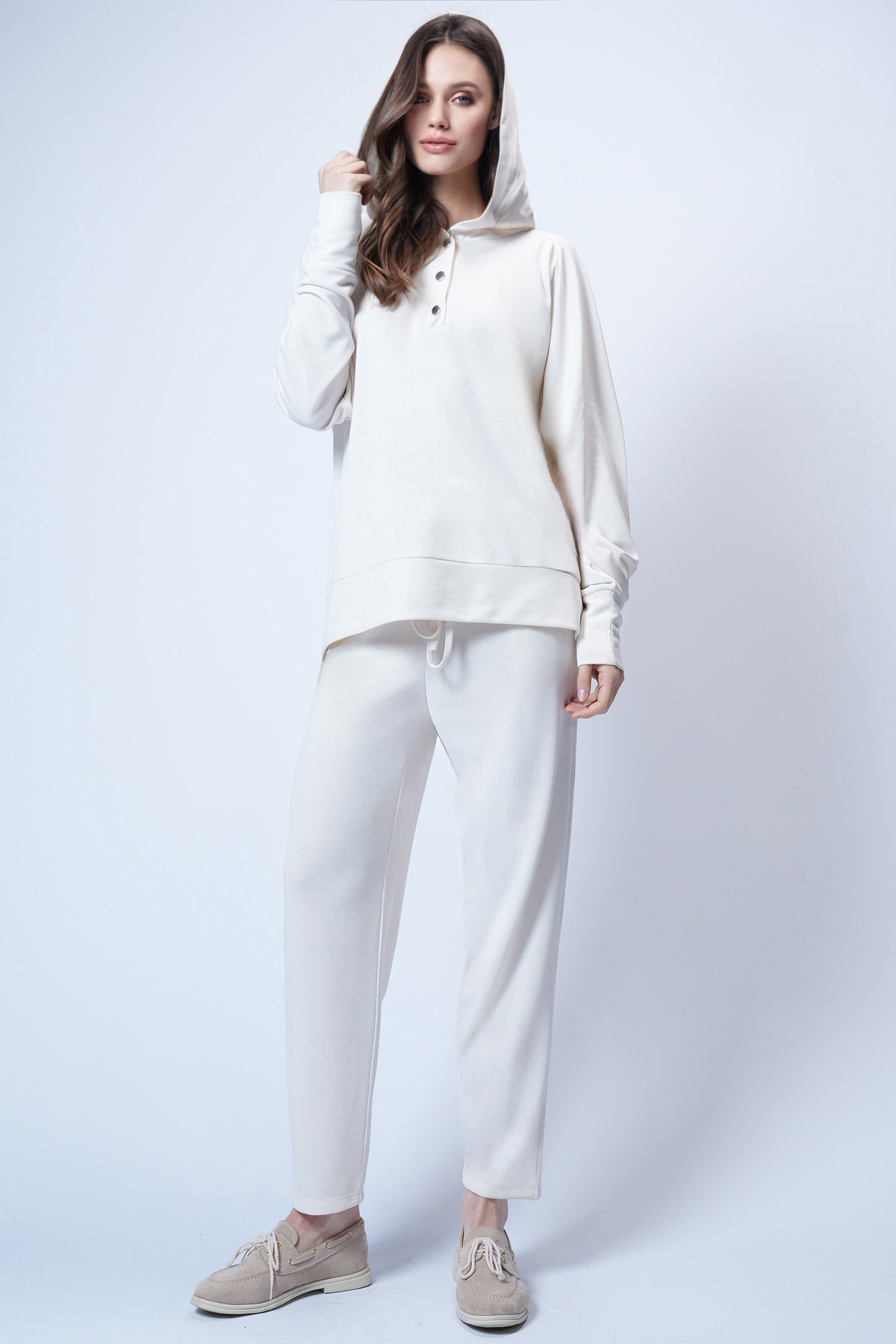 Women's Ecru Hooded Snap-Over Sweatshirt and Pants Bottom Top Set ALC-X12476