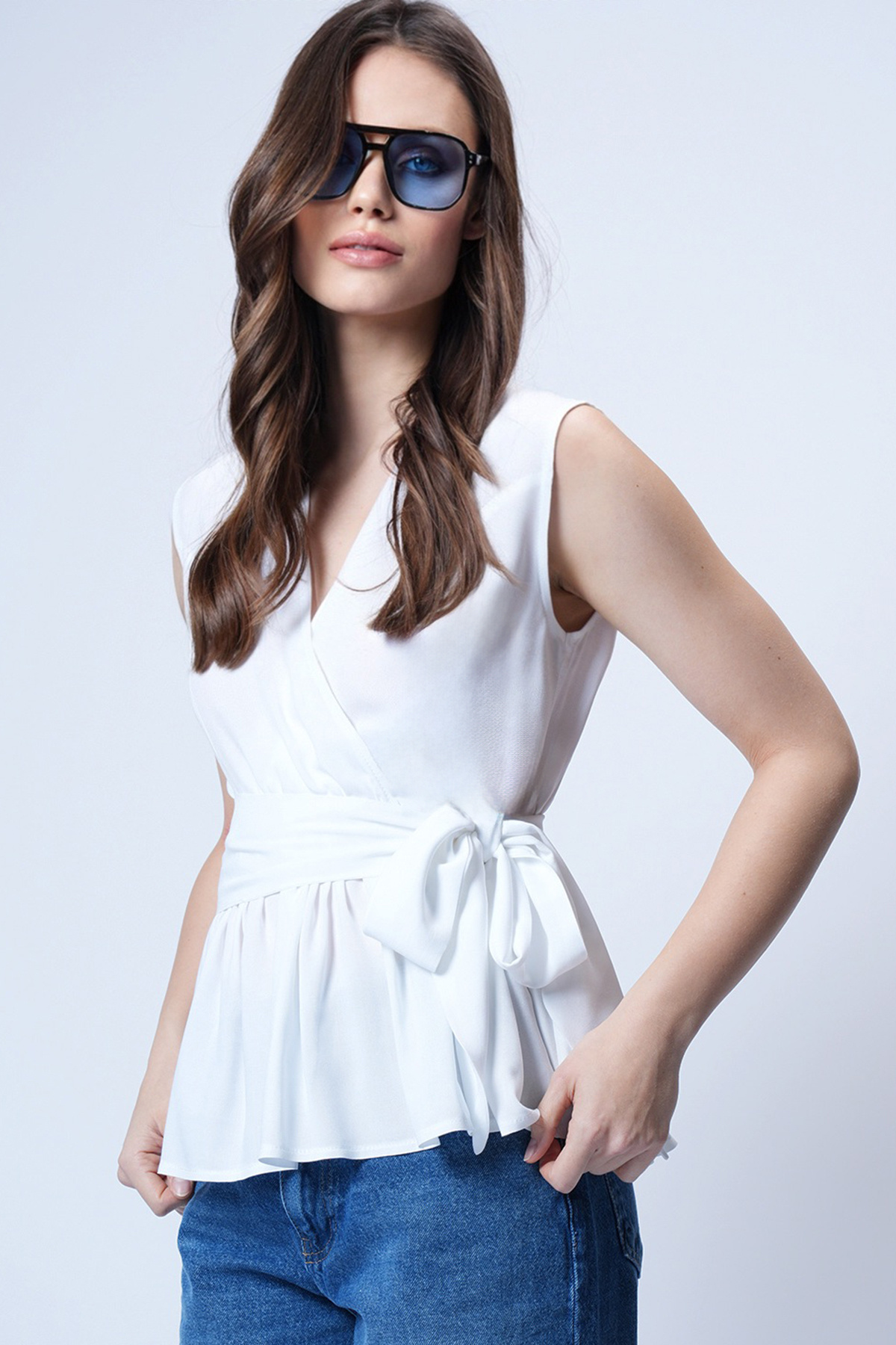 White Wrap Collar Flywheel Self-Belted Poplin Summer Blouse ALC-X14126
