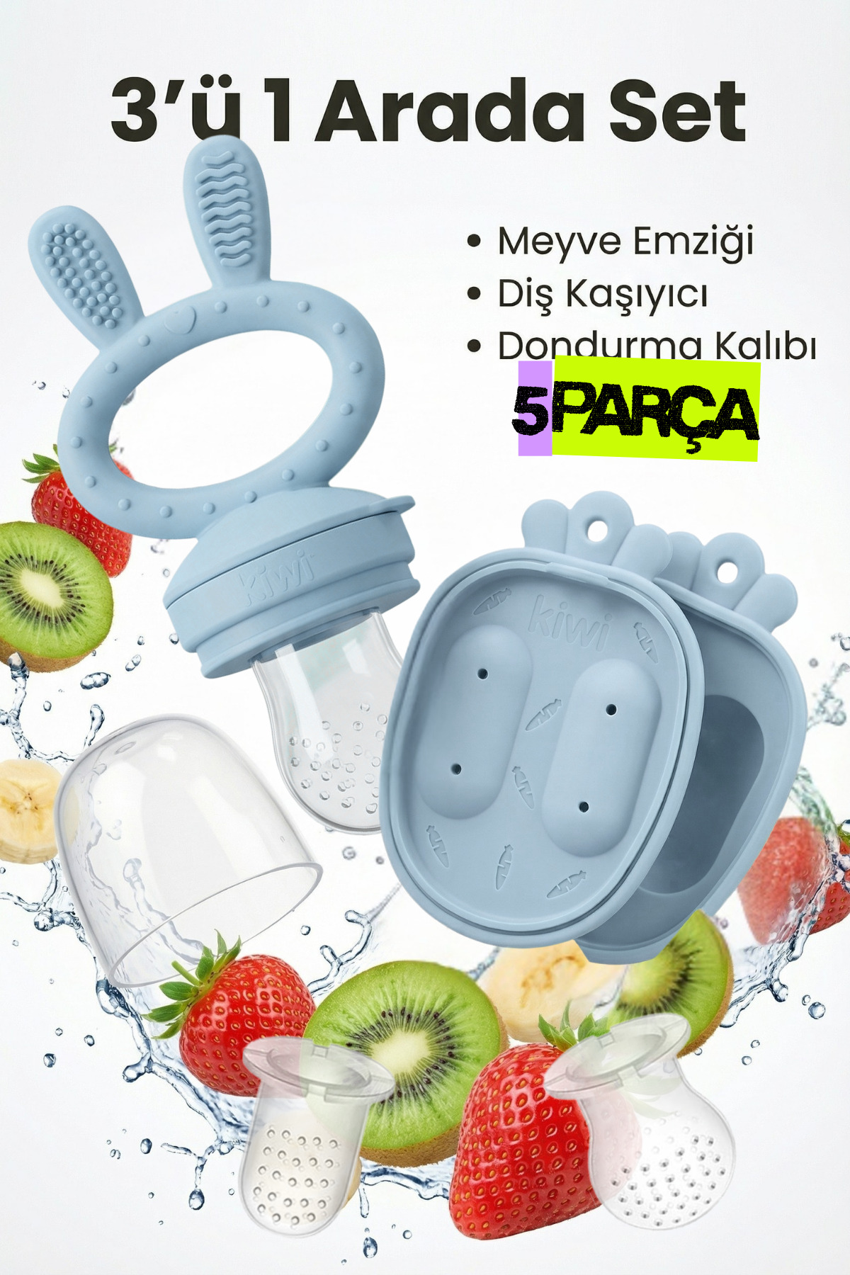 Kiwi Passy Püre Emzik ve Diş Kaşıyıcı Bebek Meyve Süzgeci+Buz Kalıbı - Dusty Blue fotoğrafı 5 (önizleme)