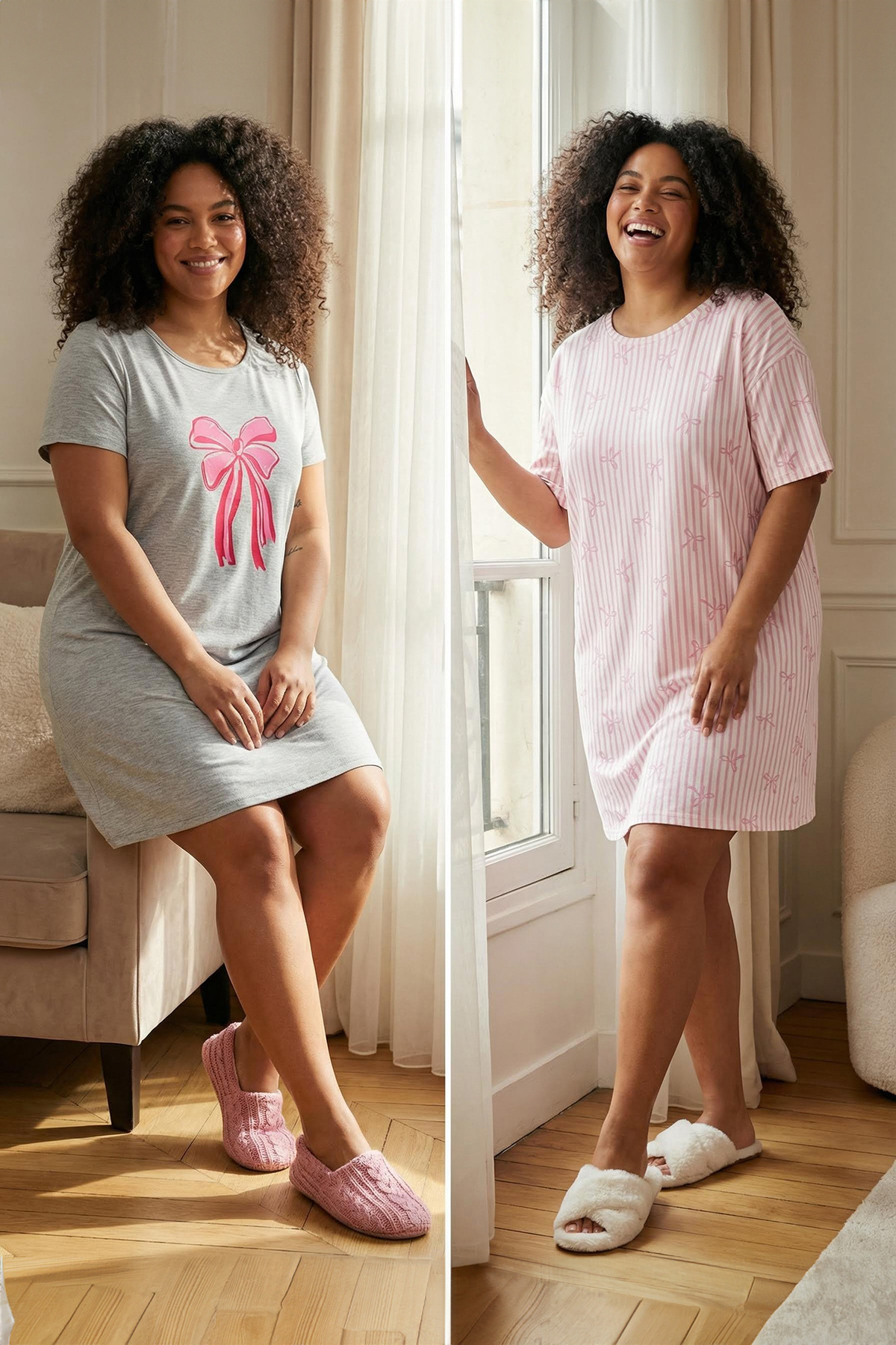 Trendyol Curve Grau-rosa Schleifen-/Bandmuster, 2er-Pack gestrickte Nachthemd...