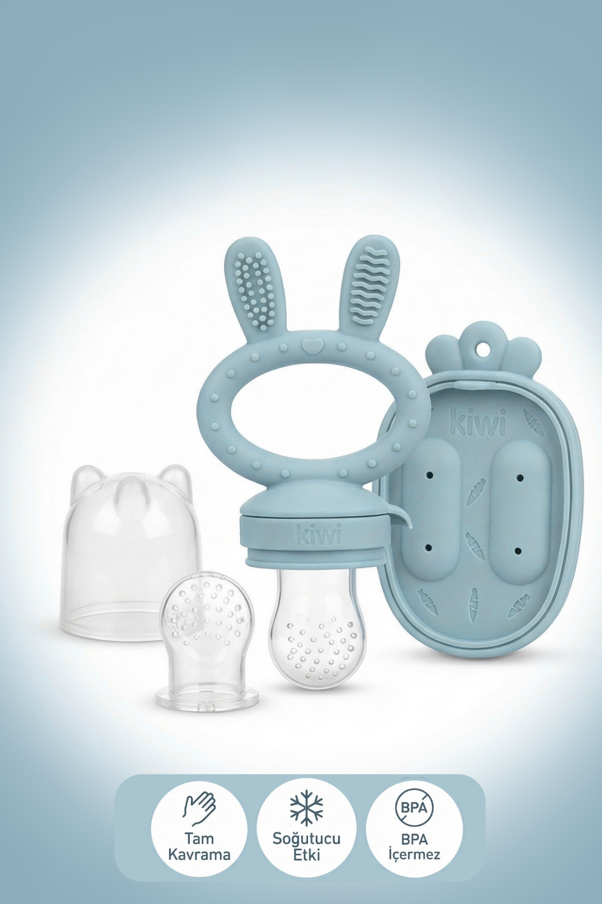 Kiwi Passy Püre Emzik ve Diş Kaşıyıcı Bebek Meyve Süzgeci+Buz Kalıbı - Dusty Blue fotoğrafı 2 (önizleme)