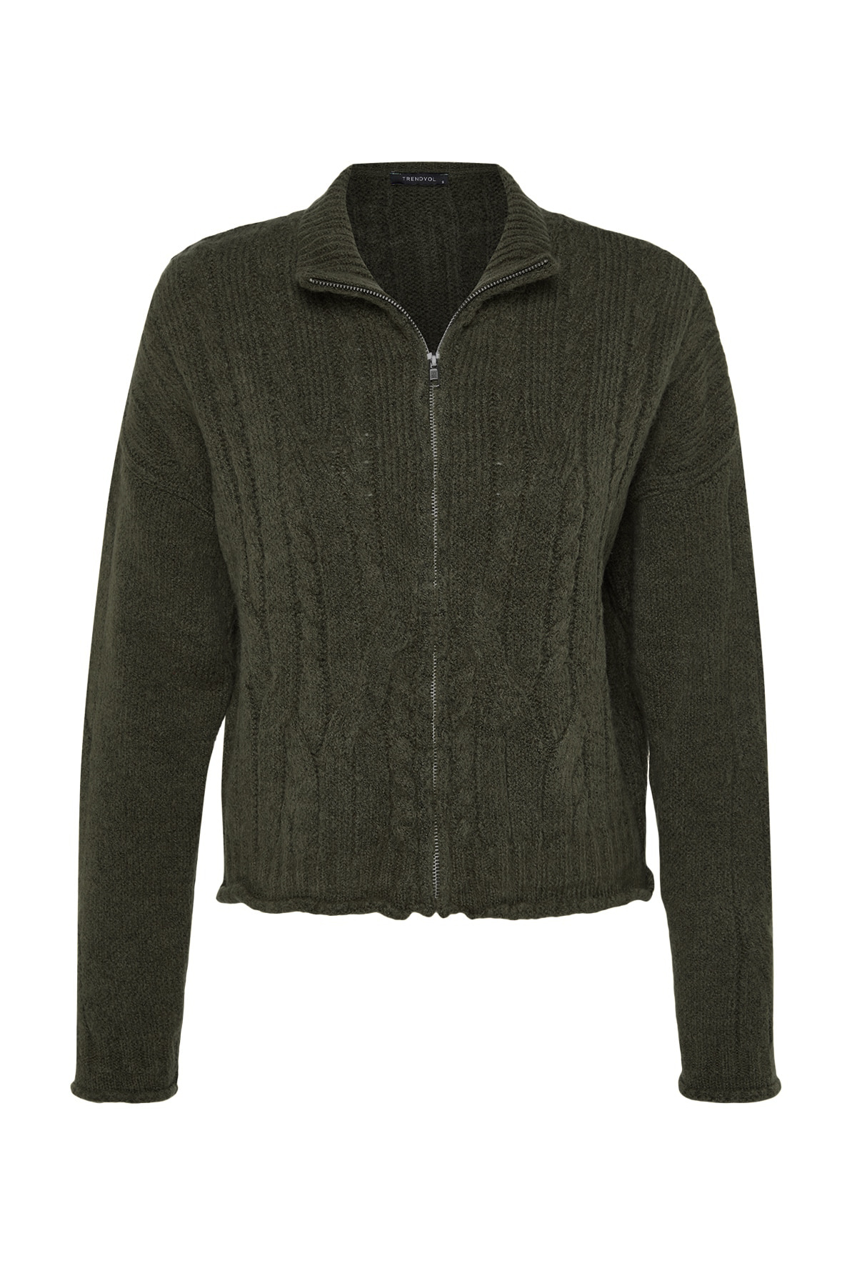 Trendyolmilla  Haki Crop Yumuşak Dokulu Fermuarlı Saç Örgülü Triko Hırka TWOAW24HI00202 - Görsel 7