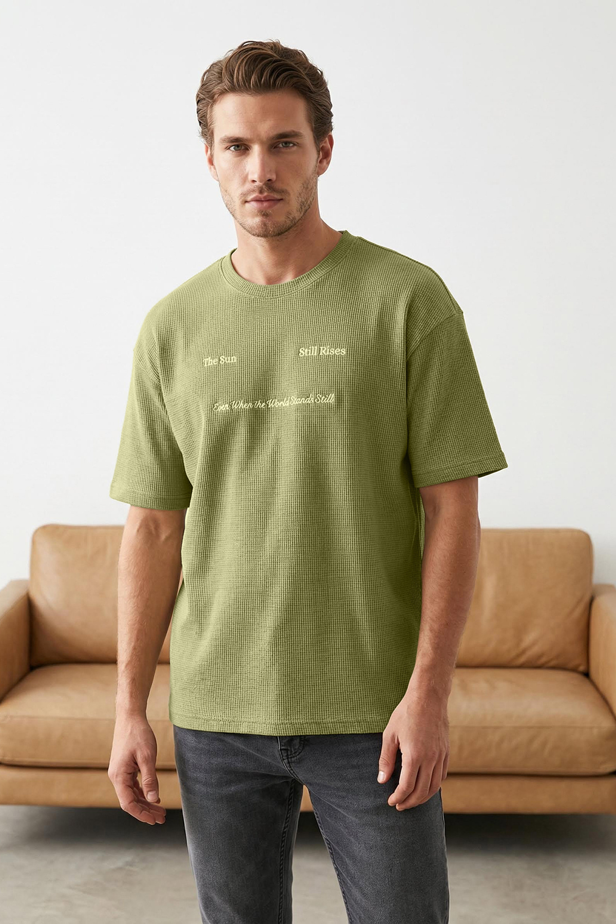 Trendyolmilla Man Mint Oversize/Geniş Kesim Nakışlı Dokulu T-Shirt TMNSS25TS00129