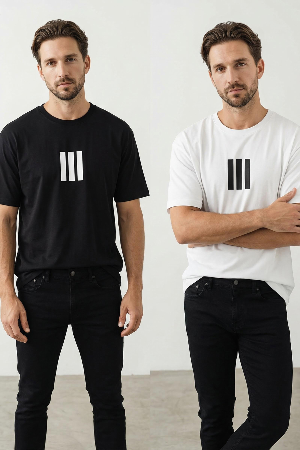 Trendyolmilla Man Ekru-Siyah Oversize/Geniş Kesim 2'li Paket Çizgi Baskılı %100 Pamuk T-Shirt TMNSS25TS00210