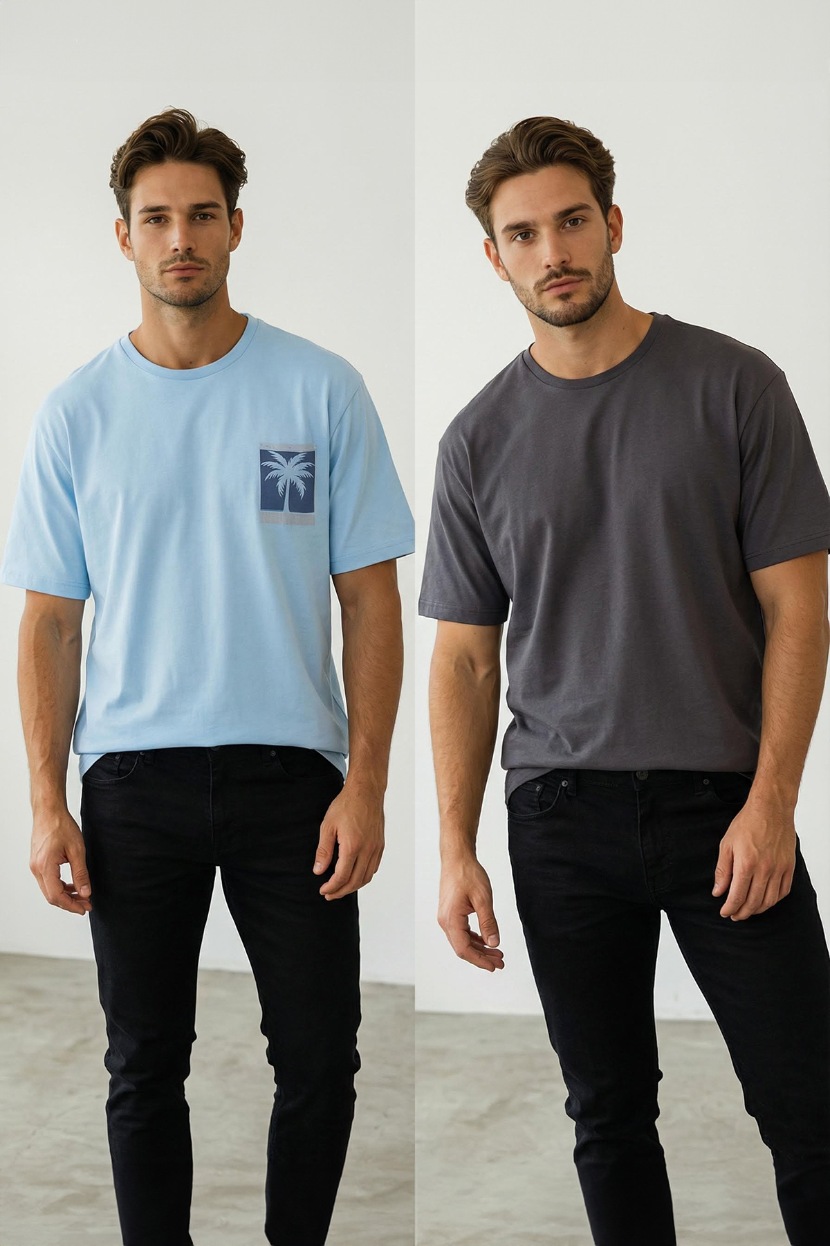 Trendyolmilla Man Mavi-Antrasit Oversize/Geniş Kesim 2'li Paket Baskılı-Düz %100 Pamuk T-Shirt TMNSS25TS00212