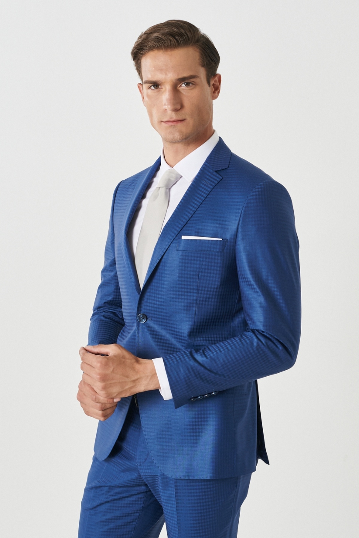 Altınyıldız Classics Men's Blue Eksta Wool Slim Fit Slim Fit Mono Collar Checked Blue Suit