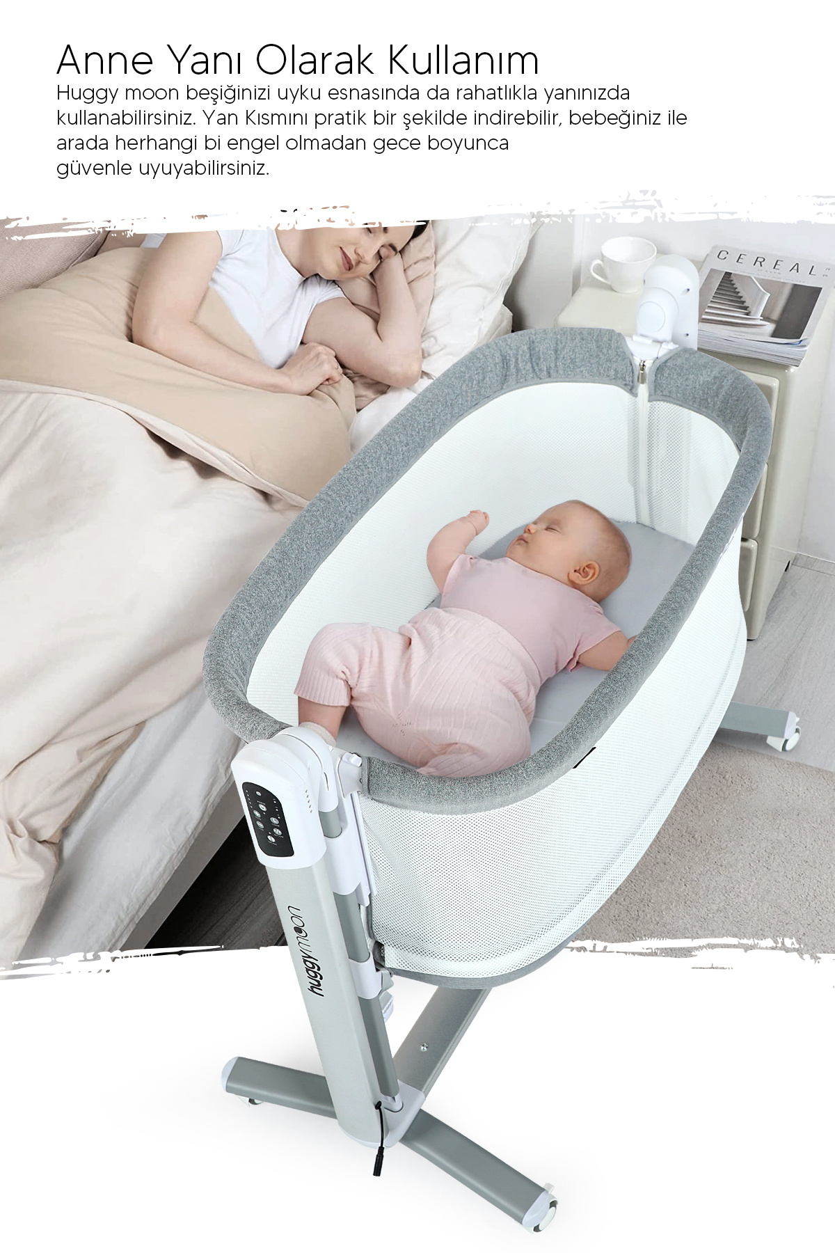 Huggy Gri Moon Akıllı Beşik – Otomatik Sallanabilir, Sensörlü, Kumandalı Anne Yanı Oyun Parkı Beşik fotoğrafı 4 (önizleme)