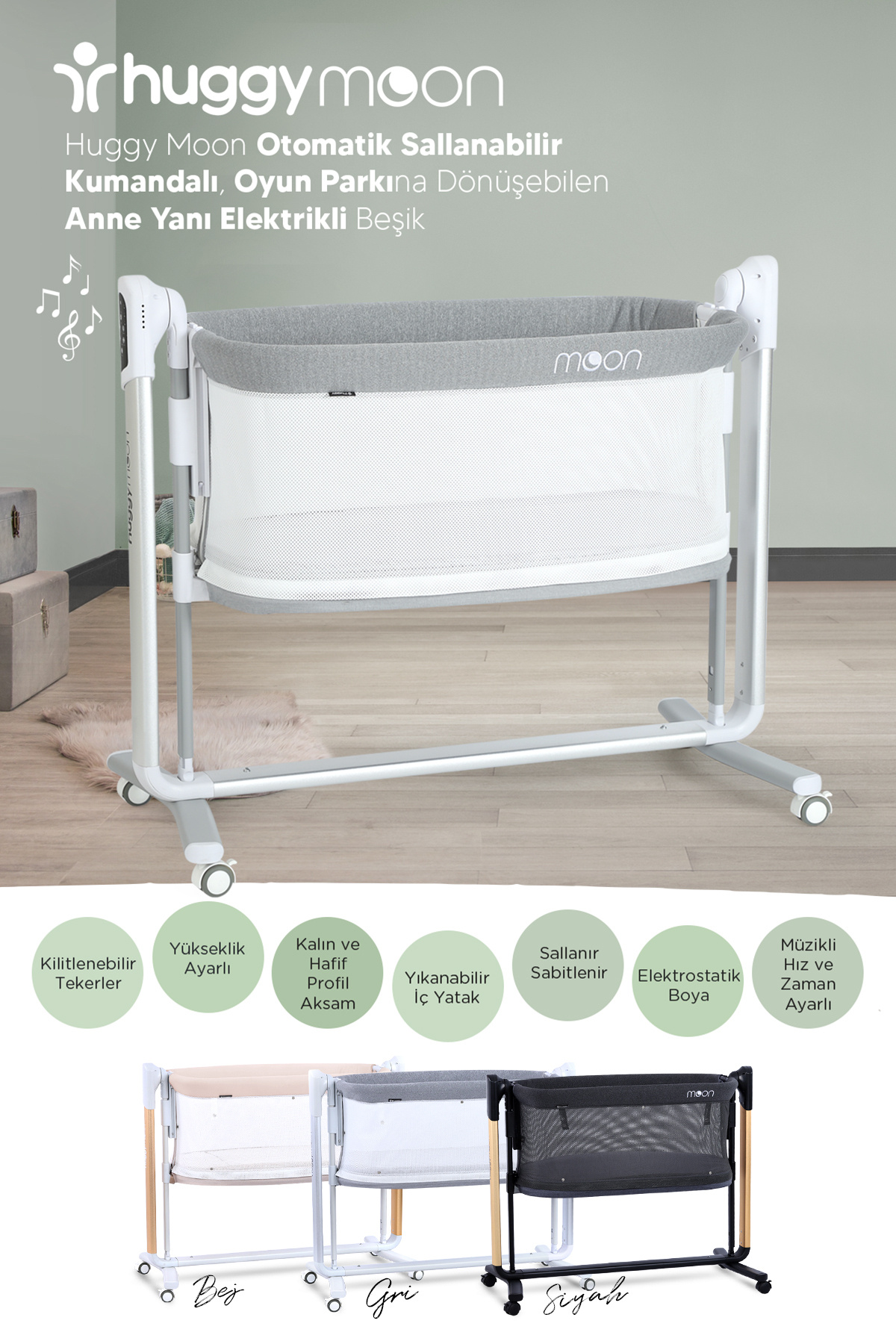 Huggy Moon Akıllı Beşik – Otomatik Sallanabilir, Sensörlü, Kumandalı Anne Yanı Oyun Parkı Beşik fotoğrafı 3 (önizleme)