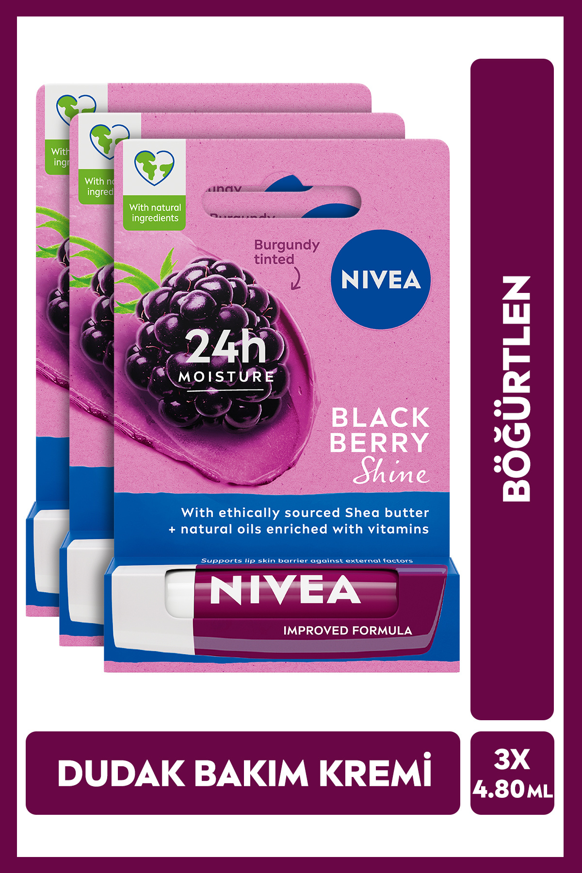 NIVEA Böğürtlen Renkli Dudak Bakım Kremi, Nemlendirici, Hafif Bordo Işıltı, Dudak Parlatıcısı, X3 Adet — زرشکی SET.NVE.410