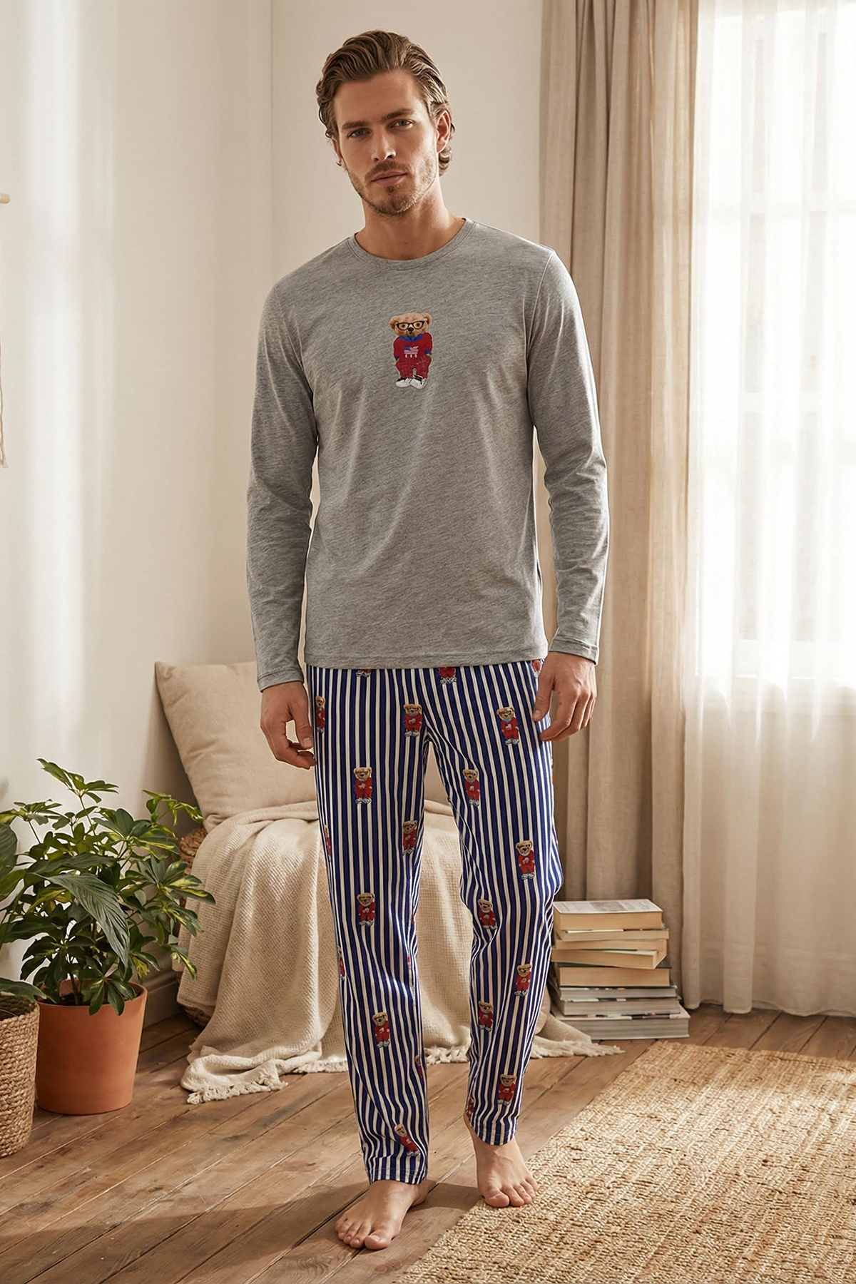 Trendyolmilla Man Erkek Gri Ayıcıklı Regular Fit Örme Pijama Takımı TMNAW25PT00055