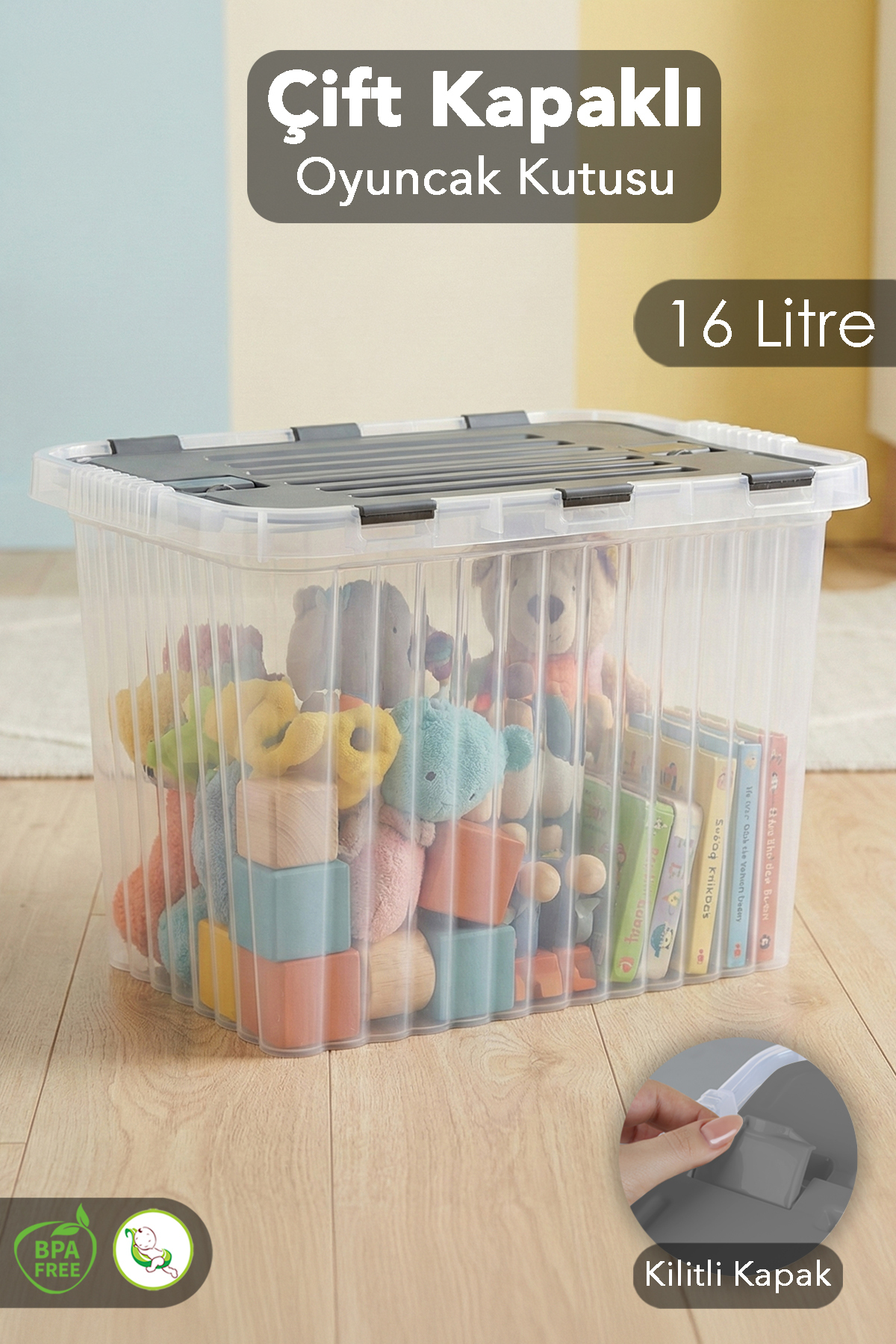 Lock Lid Toy Box - Baby Nursery Organizer - Multipurpose Organizer - 16 Lt Anthracite