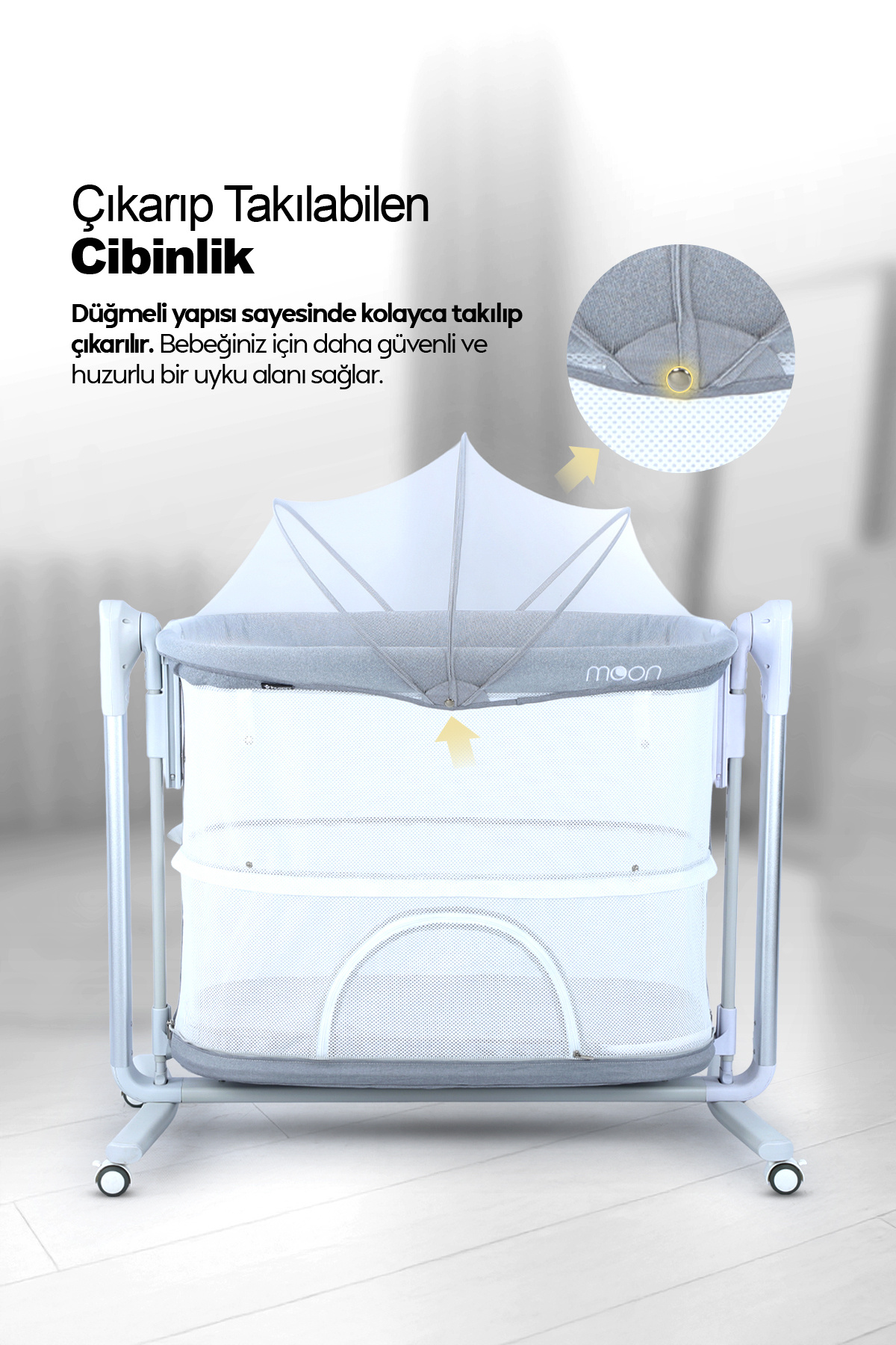 Huggy Moon Akıllı Beşik – Otomatik Sallanabilir, Sensörlü, Kumandalı Anne Yanı Oyun Parkı Beşik fotoğrafı 2 (önizleme)