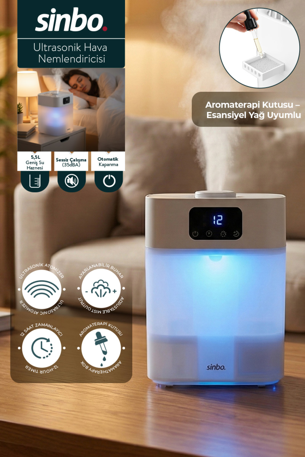 5.5L Ultrasonic Air Humidifier 7 Mode Night Light Clock Set and Quiet Operation SAH-6119