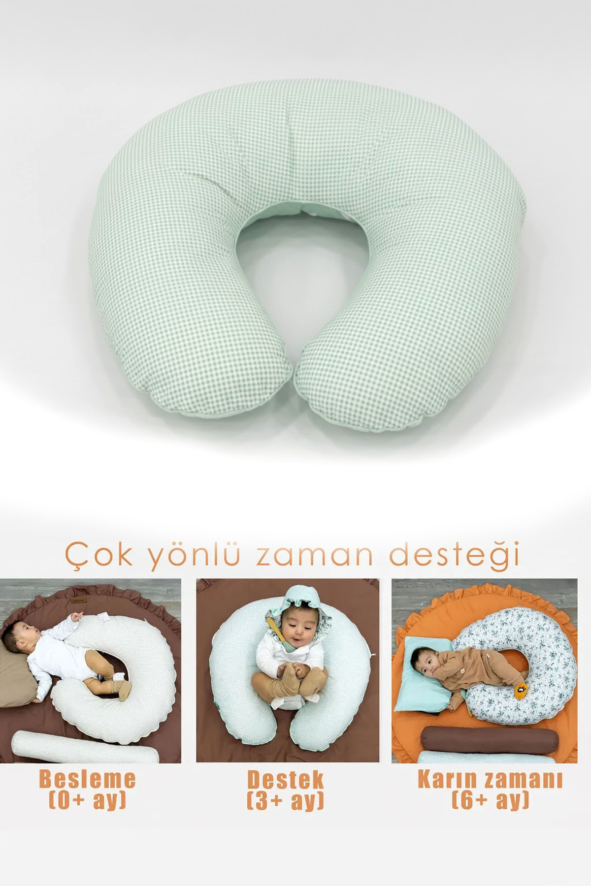 mordesign Çift Taraflı Emzirme Yastığı Bebek Destek Minderi Hamile Yastığı  Pamuk Kumaş Ekose, Mint fotoğrafı 2 (önizleme)