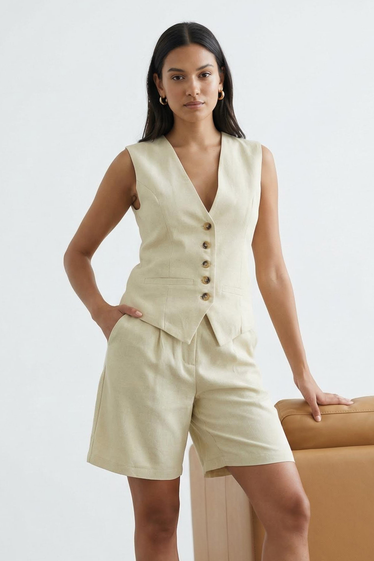 Trendyol Collection Żółty lniany wygląd, kamizelka z dekoltem w serek i spode...