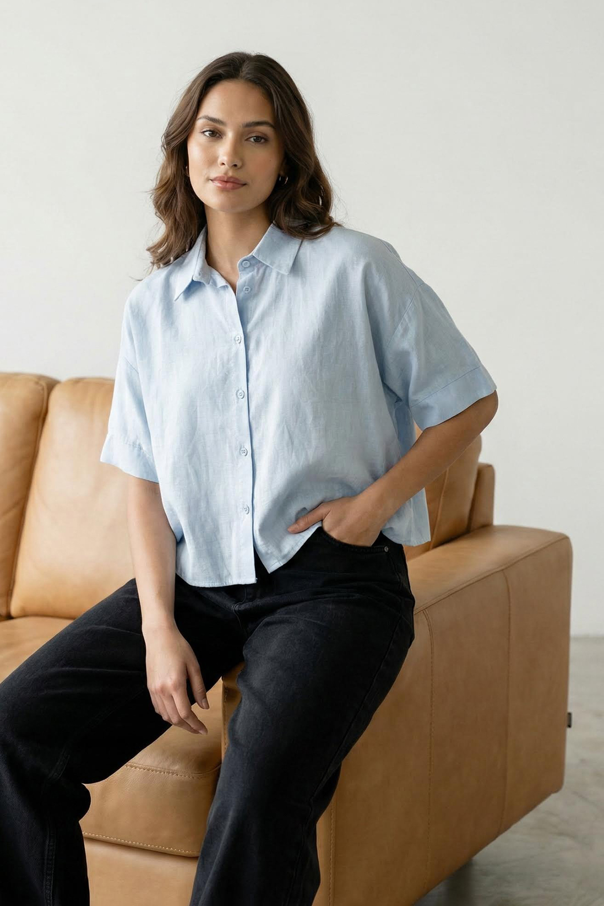 Trendyolmilla  Mavi Kısa Kollu Düşük Kol Oversize Gömlek TWOSS25GO00055