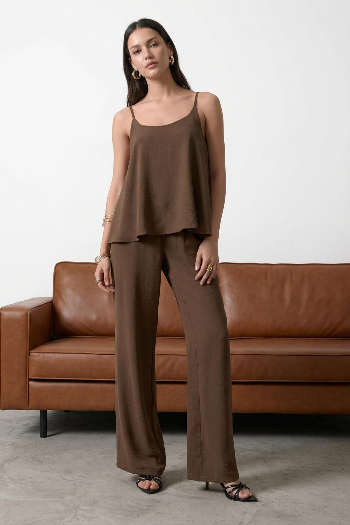 Trendyolmilla  Kahverengi Askılı Dokuma Bluz Dokuma Alt-Üst Takım TWOSS25AU00043
