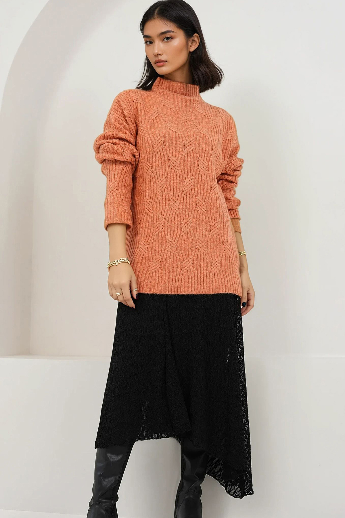 Trend Alaçatı Stili Cinnamon High Neck Soft Textured Oversize Knit