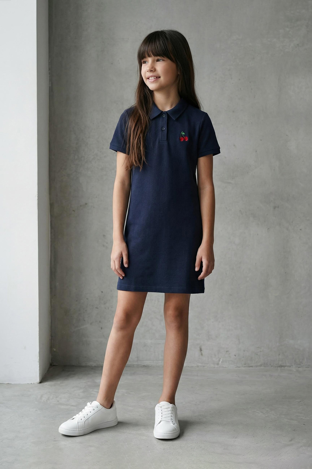 TRENDYOLKIDS Marineblaues Mädchen-Strickkleid aus 100 % Baumwolle mit Obst-St...