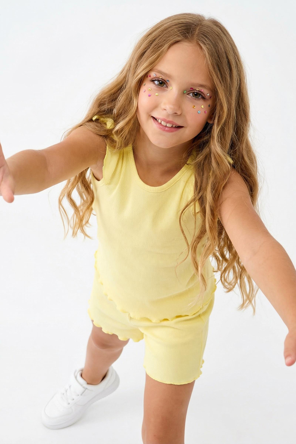 Trendyolmilla  Sarı Kız Çocuk Pamuklu Basic Bağlama Detaylı Kolsuz Atlet Şort Örme Alt-Üst Takım TKDSS25AU00018 - Görsel 2