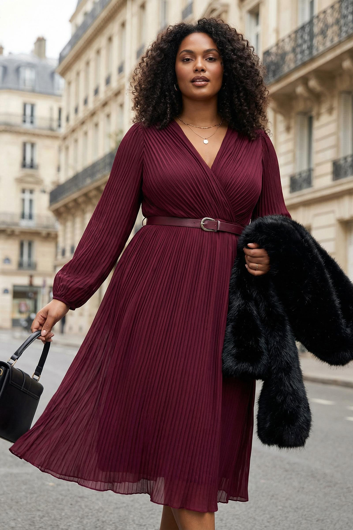 Trendyol Curve Burgunderrotes, plissiertes, gewebtes Midi-Kleid in Übergröße ...