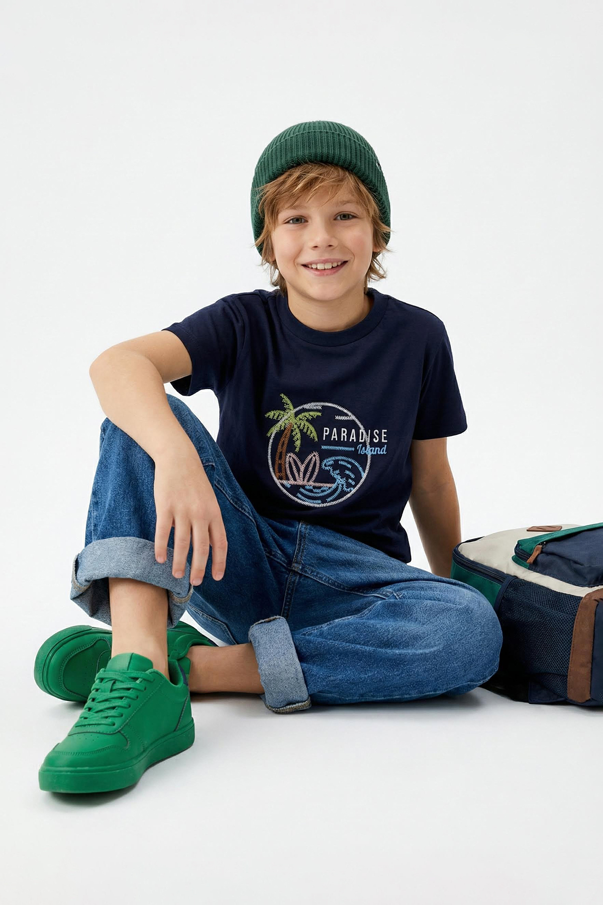 Trendyolmilla Kids Lacivert Erkek Çocuk %100 Pamuk Palmiye Nakışlı Regular Kalıp Kısa Kol Örme T-Shirt TKDSS25TS00049