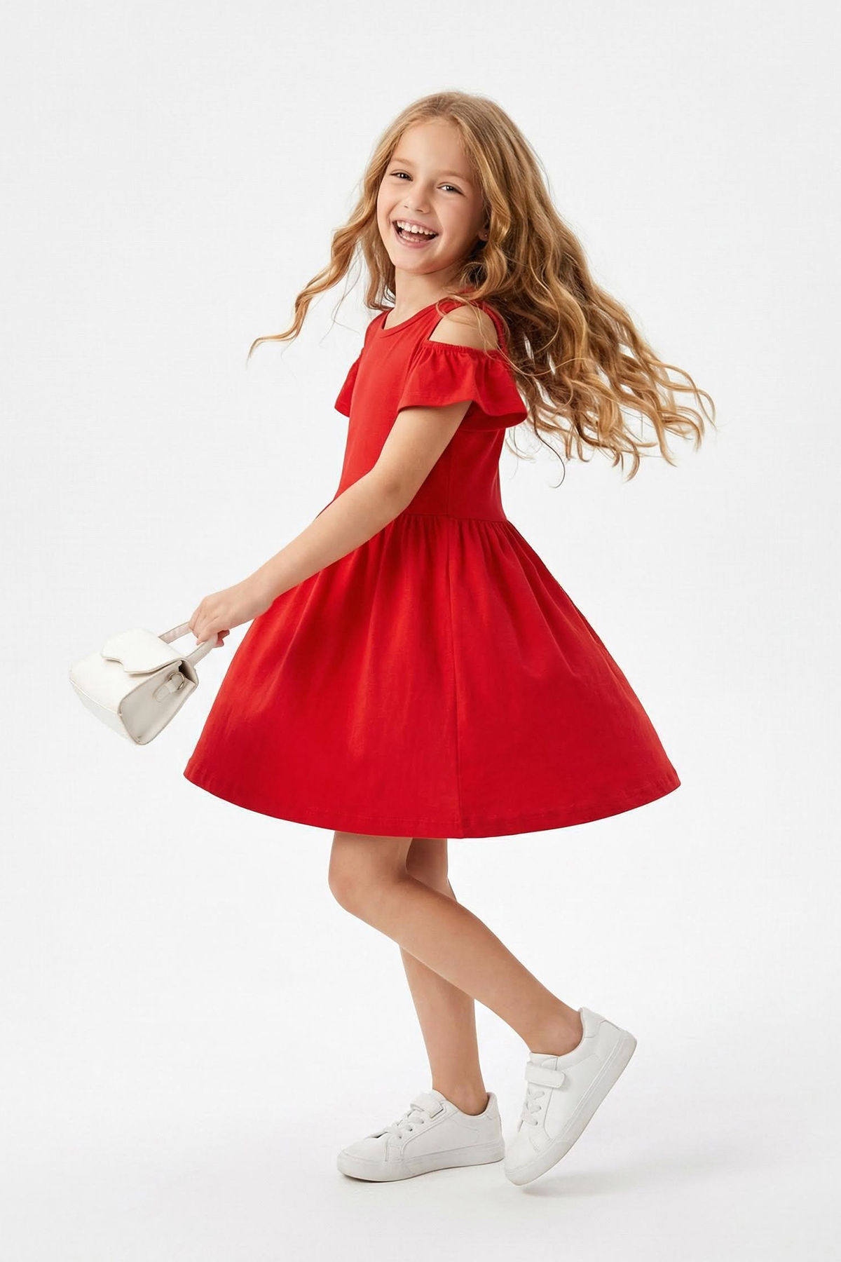 TRENDYOLKIDS Rotes Mädchen-Kind-Schulter-Cut-Out-Baumwoll-Kurzarm-Weihnachtss...