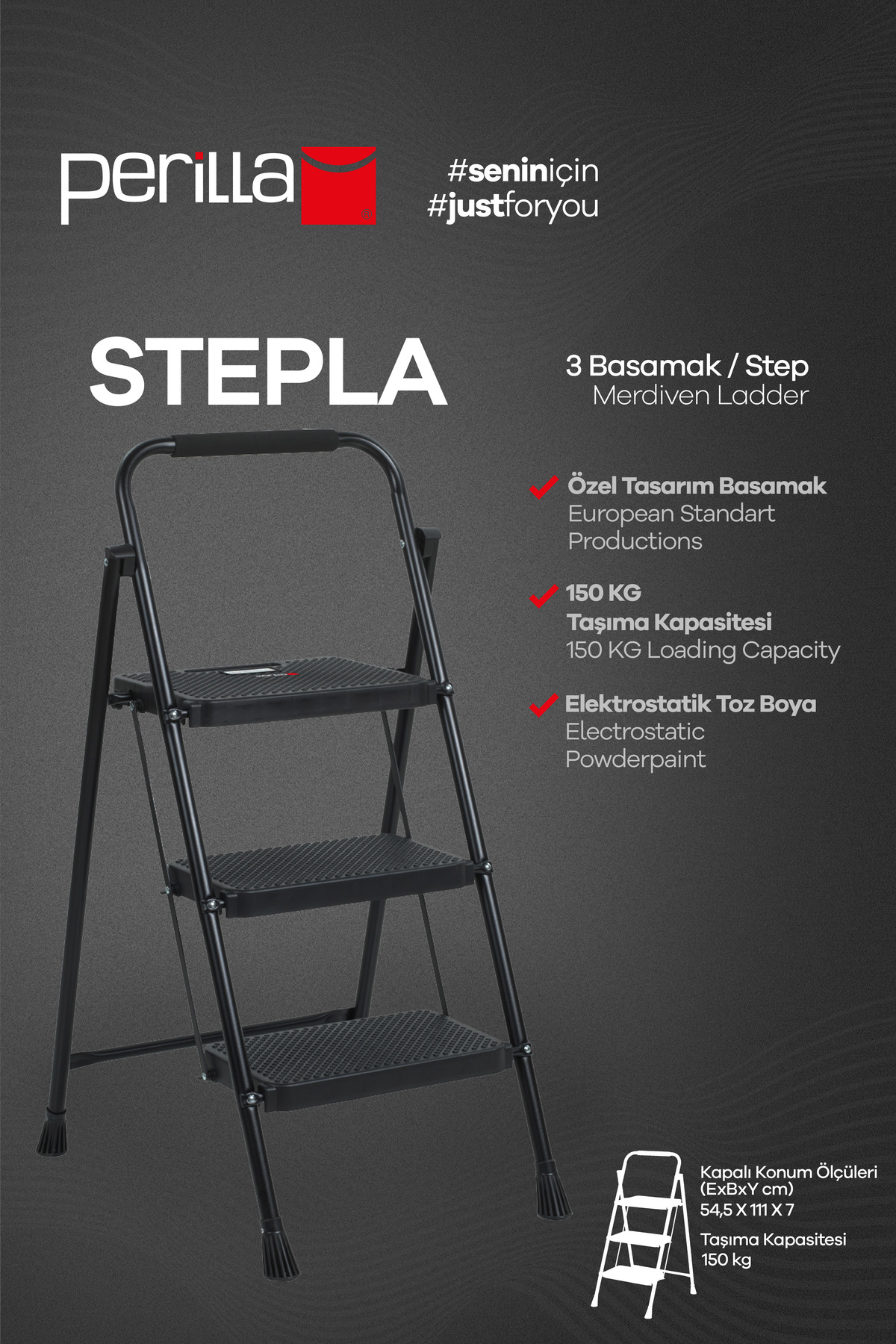 Stepla Folding Steel Ladder 3 Step Black – Home & Office Use