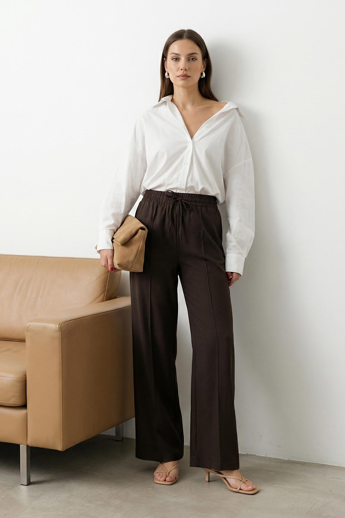 Trendyolmilla  Kahverengi Nervürlü Geniş Paça Uzun Dokuma Pantolon TWOAW26PL00111