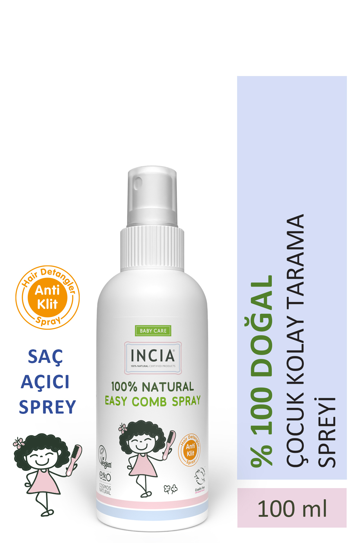 Incia %100 Doğal Kolay Tarama Spreyi Çocuklar İçin Nemlendirici Parlaklaklaştırıcı Anti-Klit 100 ml — MINC-000117