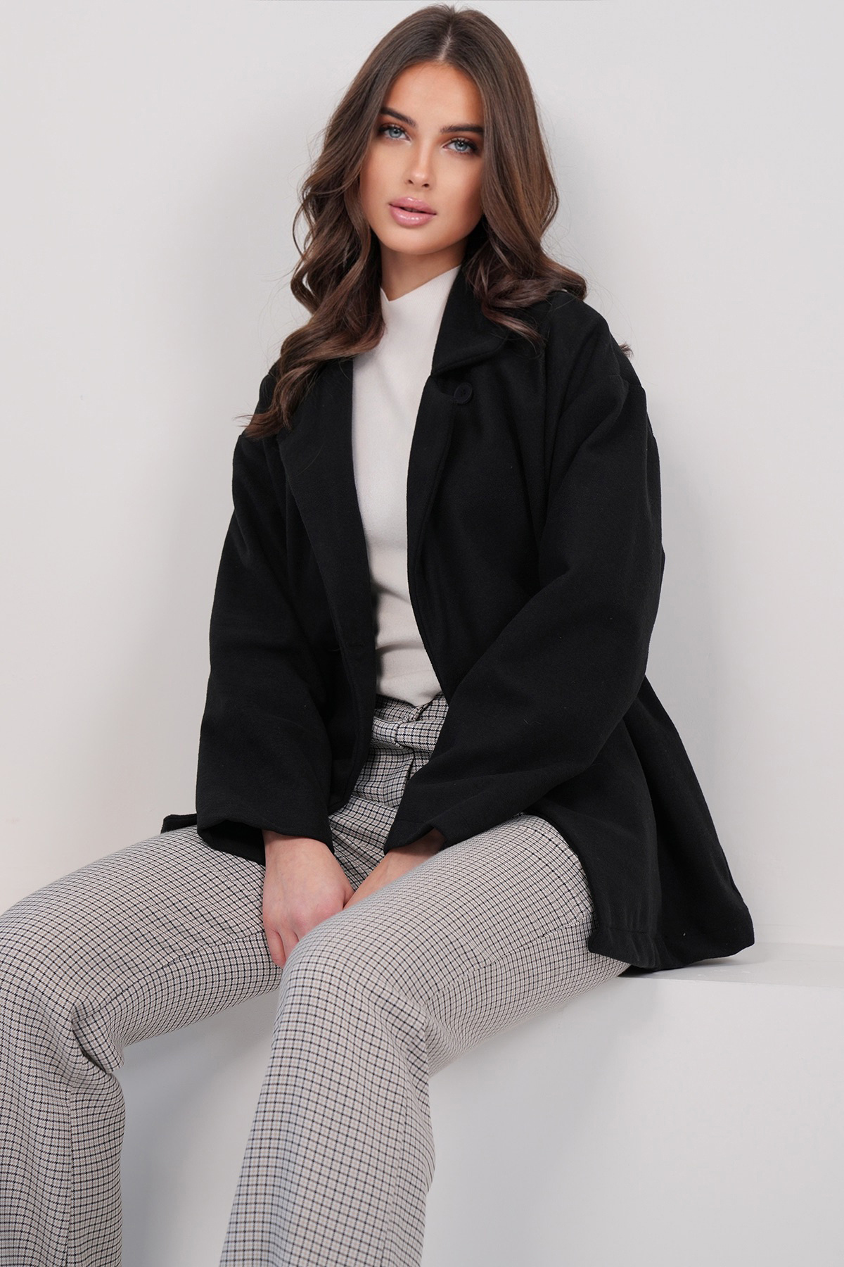 Trend Alaçatı Stili Women's Black Jacket Collar Cashmere Coat Alc