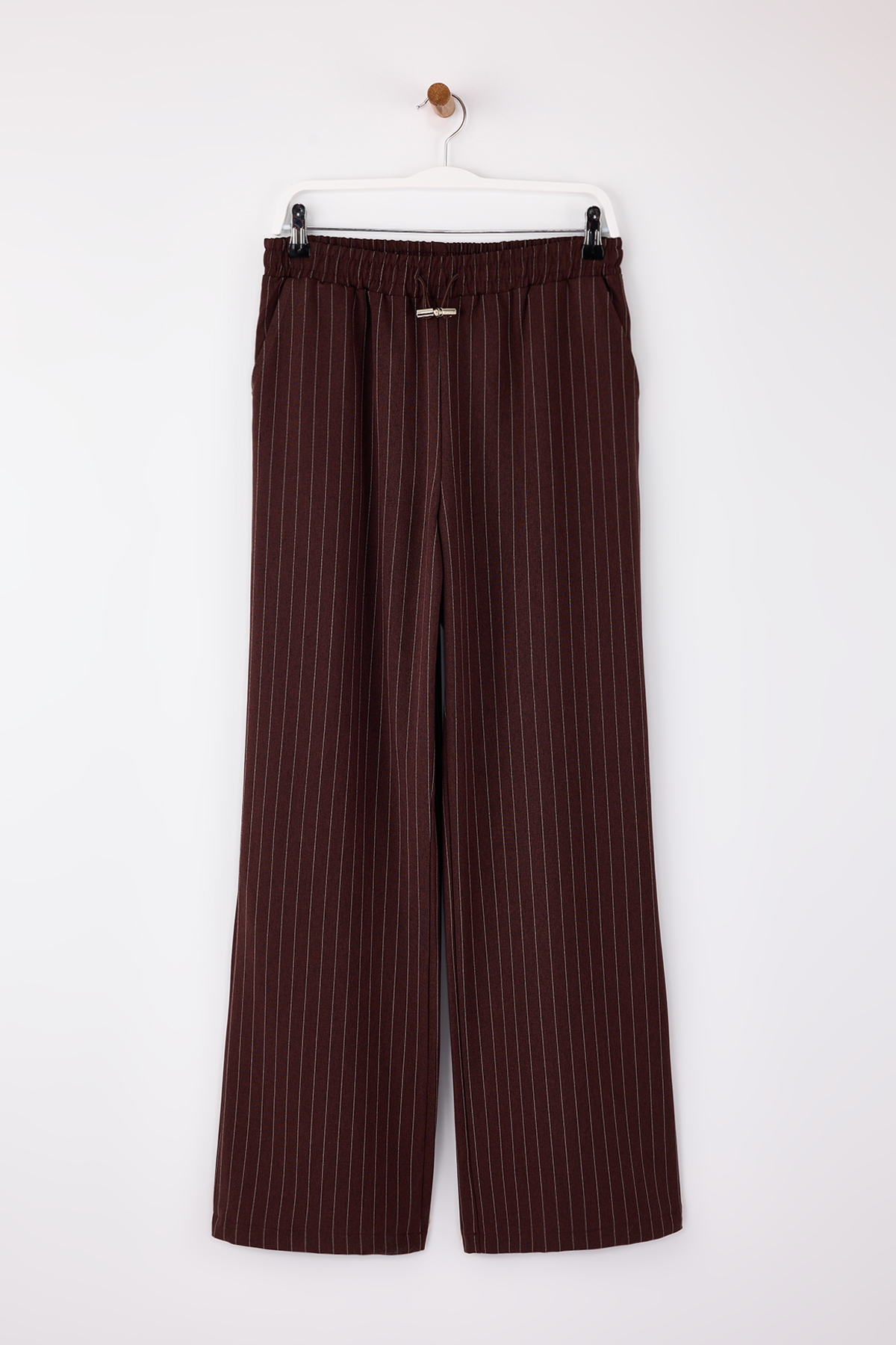Trendyolmilla  Kahverengi Stoperli Çizgili Straight/Düz Kesim Beli Lastikli Pantolon TWOSS26PL00021 - Görsel 5