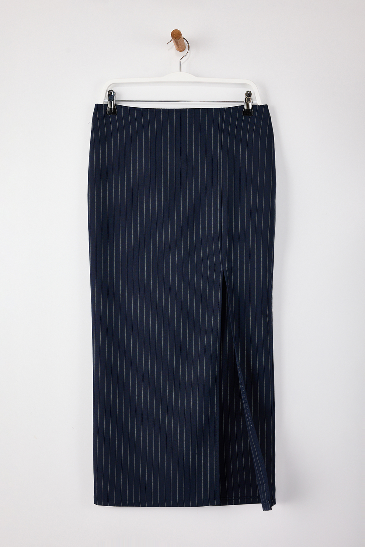 Trendyolmilla  Lacivert Çizgili Dokuma Yırtmaçlı Uzun Kalem Etek TWOSS26ET00015 - Görsel 5